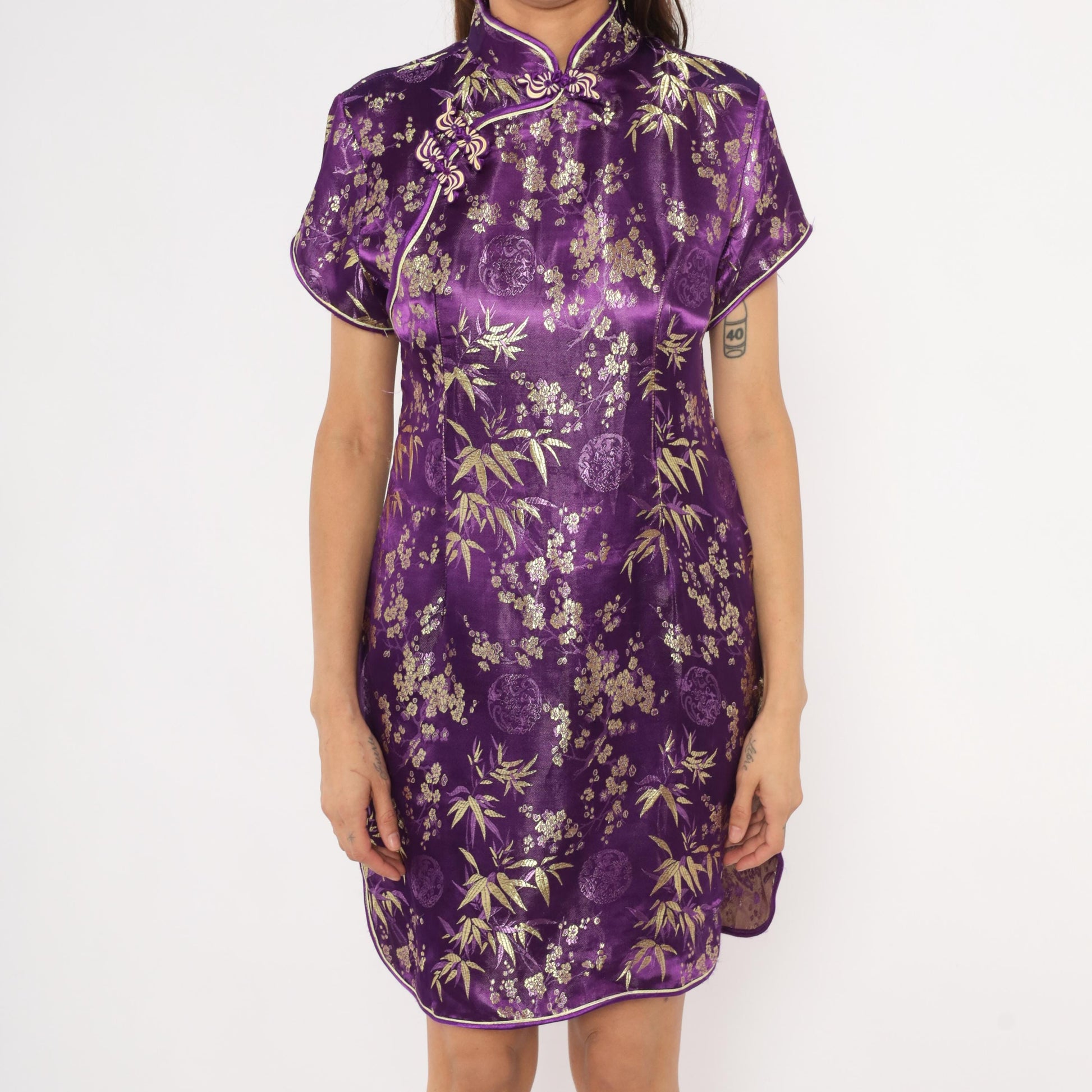 2000s Purple Gold Brocade Cheongsam Mandarin Collar Cap Sleeve Mini Small S