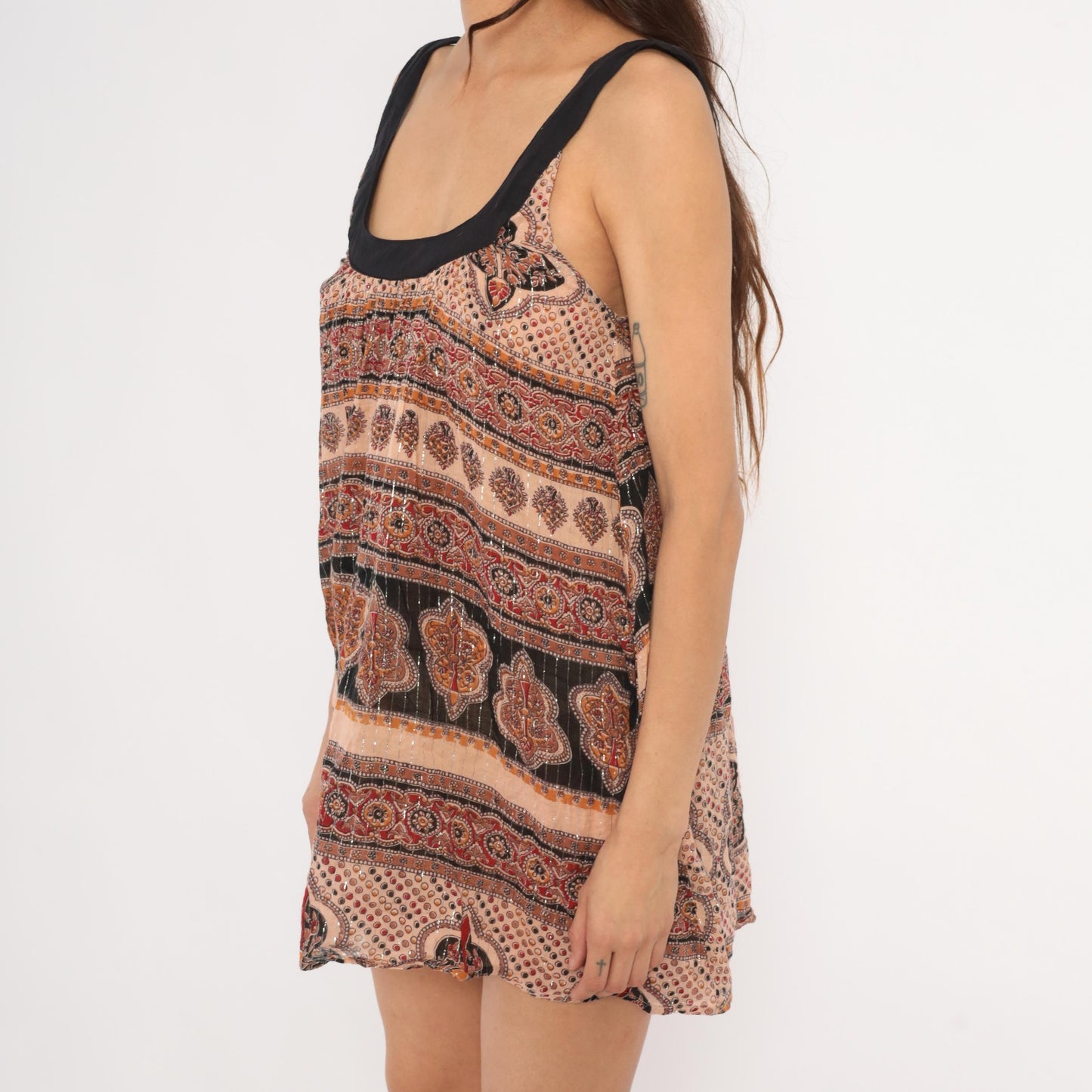 Y2K Bakul Indian Block Print Mini Dress Paisley Black Burgundy Small
