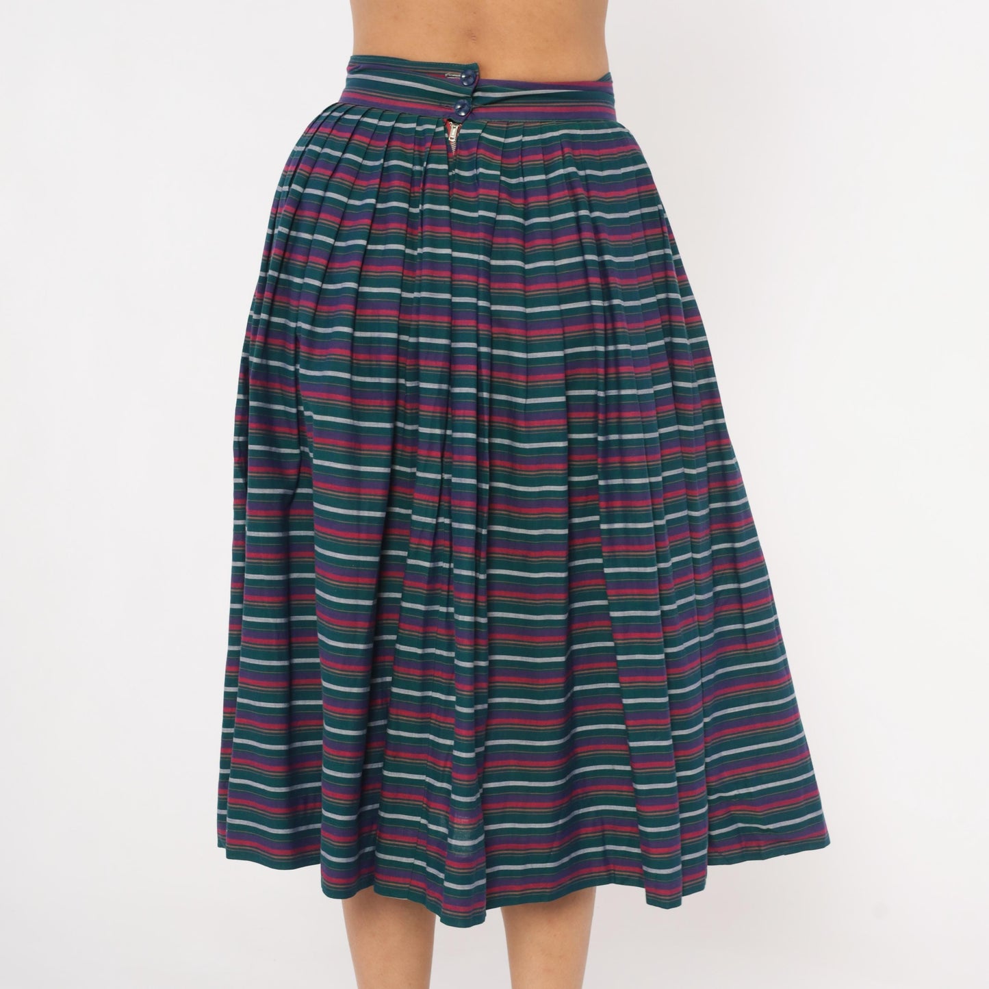 60s Striped Pleated Midi Skirt Teal Burgundy Navy High Waist Cotton Small