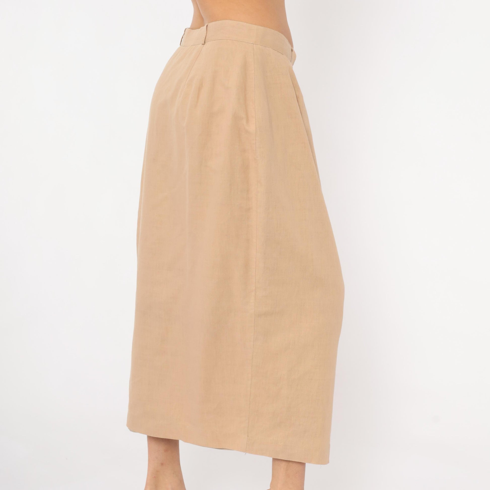 80s Carry Back Tan Linen Midi Skirt Button Front Medium M