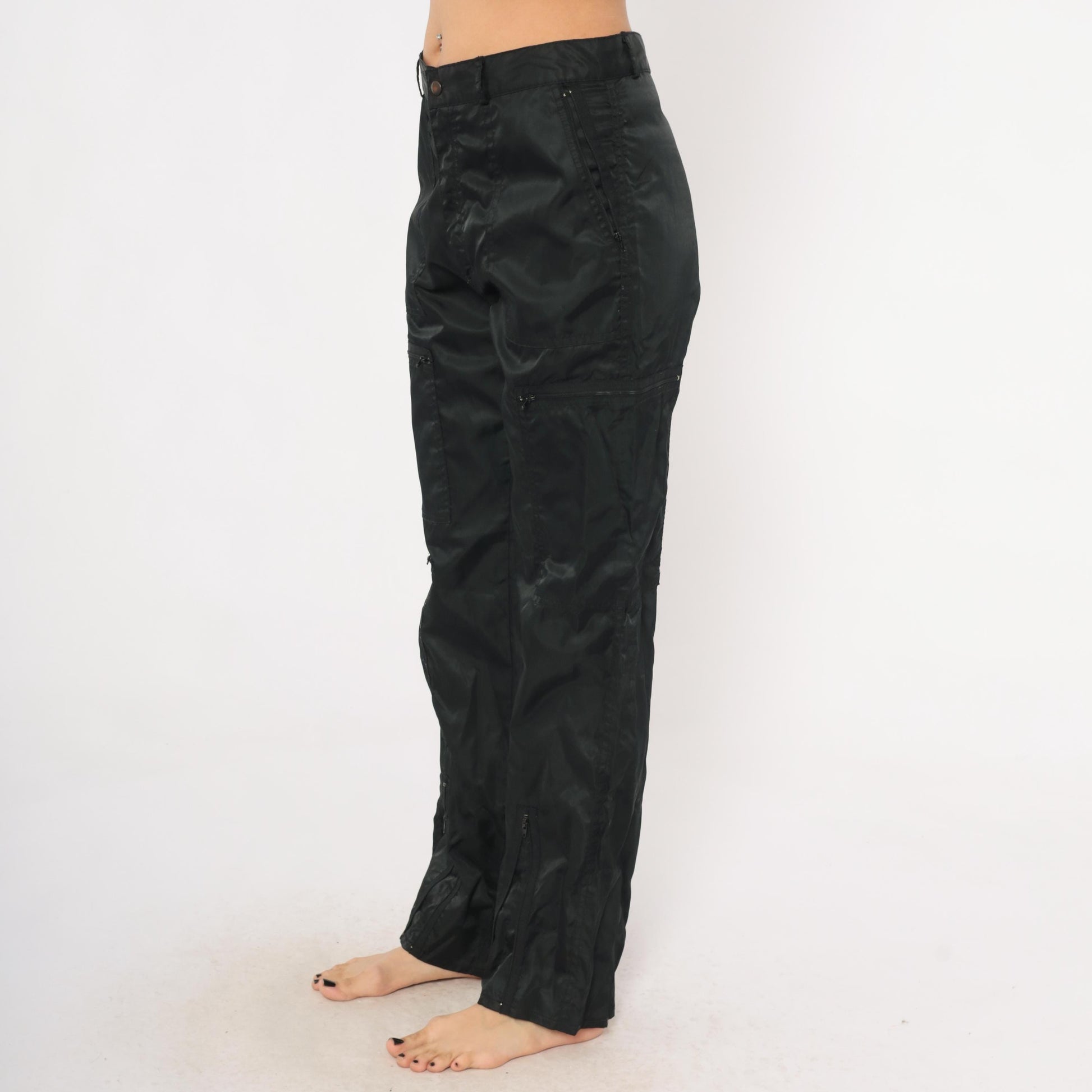 Y2K Black Nylon Cargo Pants Graffiti Low Rise Straight Leg Utility 32 Medium