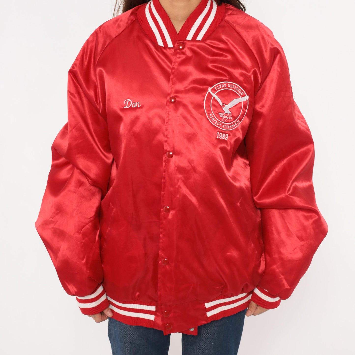 80s Red Satin Bomber Jacket Eagle Embroidered Snap Button Quilted Lining Plus Size 3XL