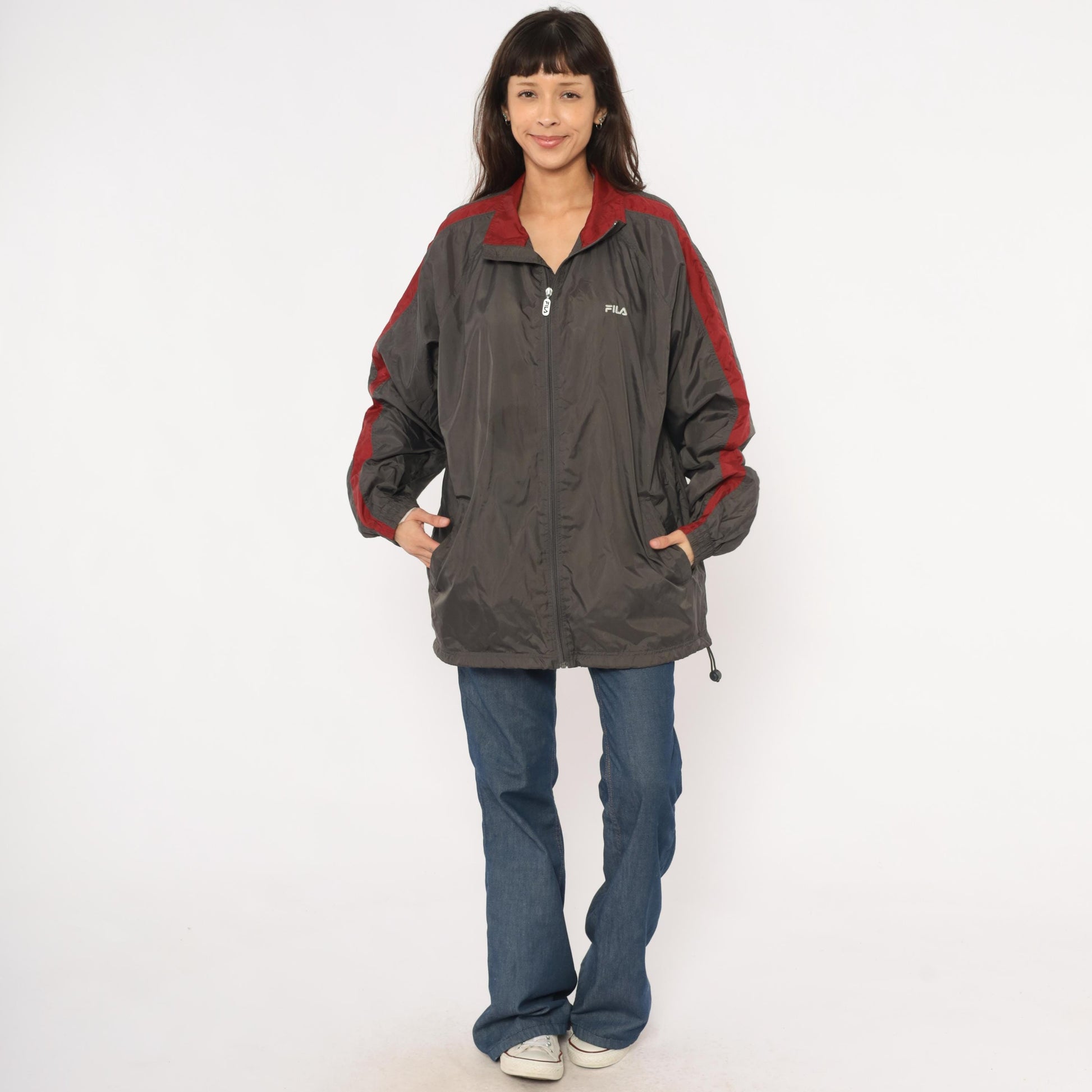 Y2K Fila Windbreaker Charcoal Grey Burgundy Colorblock Track Jacket Large L