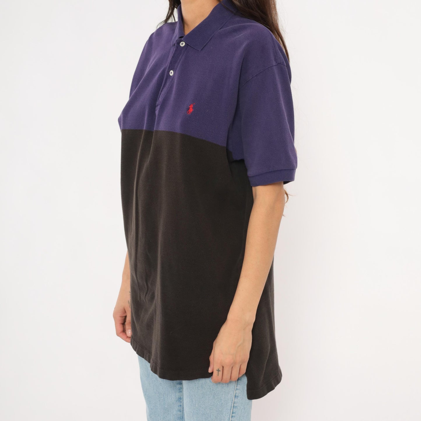 90s Polo by Ralph Lauren Color Block Pique Polo Purple Navy Black Cotton Large L