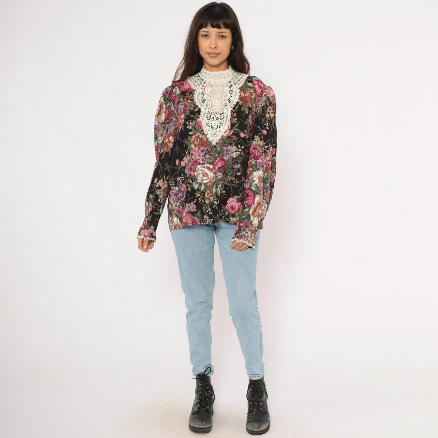 90s Scott McClintock Black Floral Blouse Lace Bib Puff Sleeve Extra Large XL