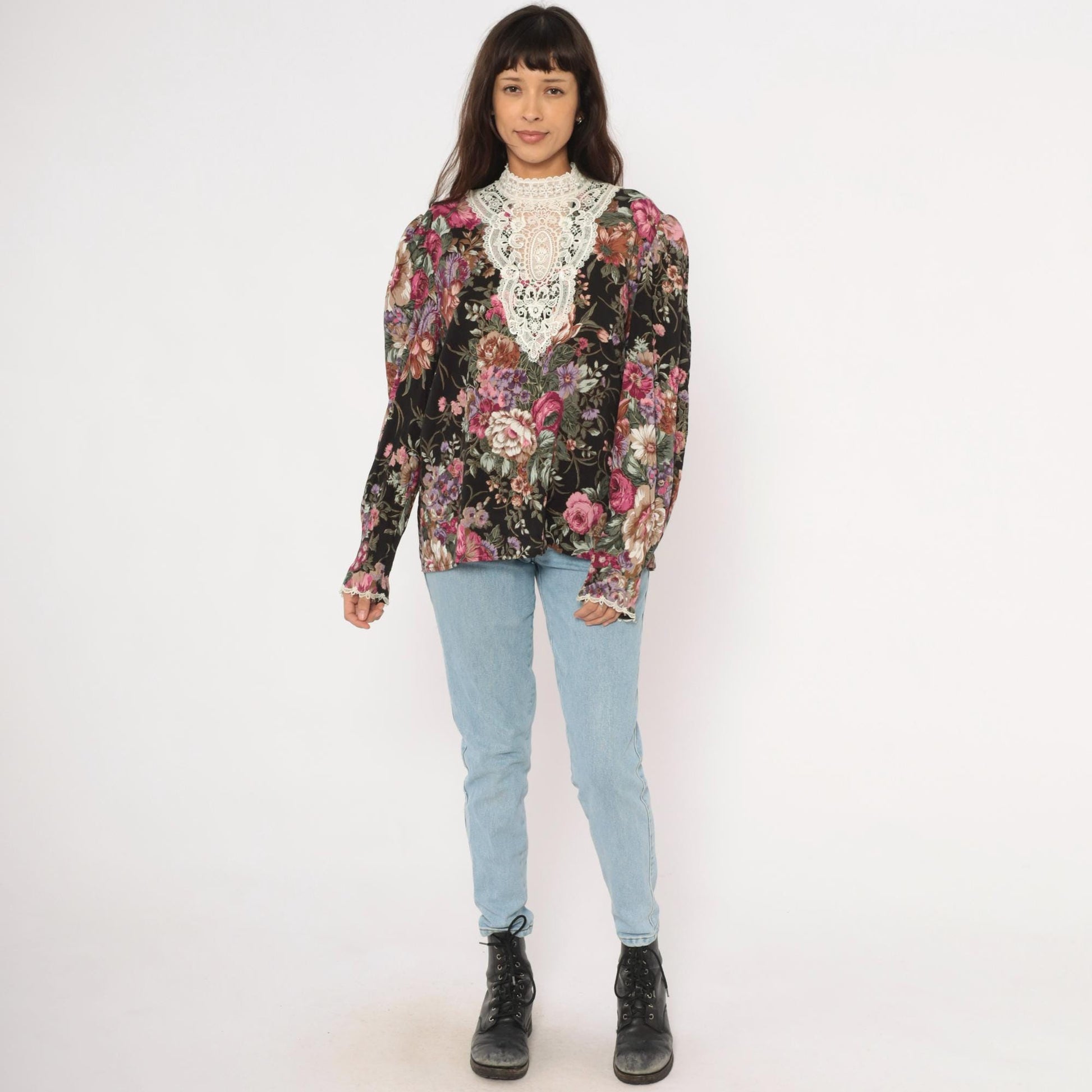 90s Scott McClintock Black Floral Blouse Lace Bib Puff Sleeve Extra Large XL