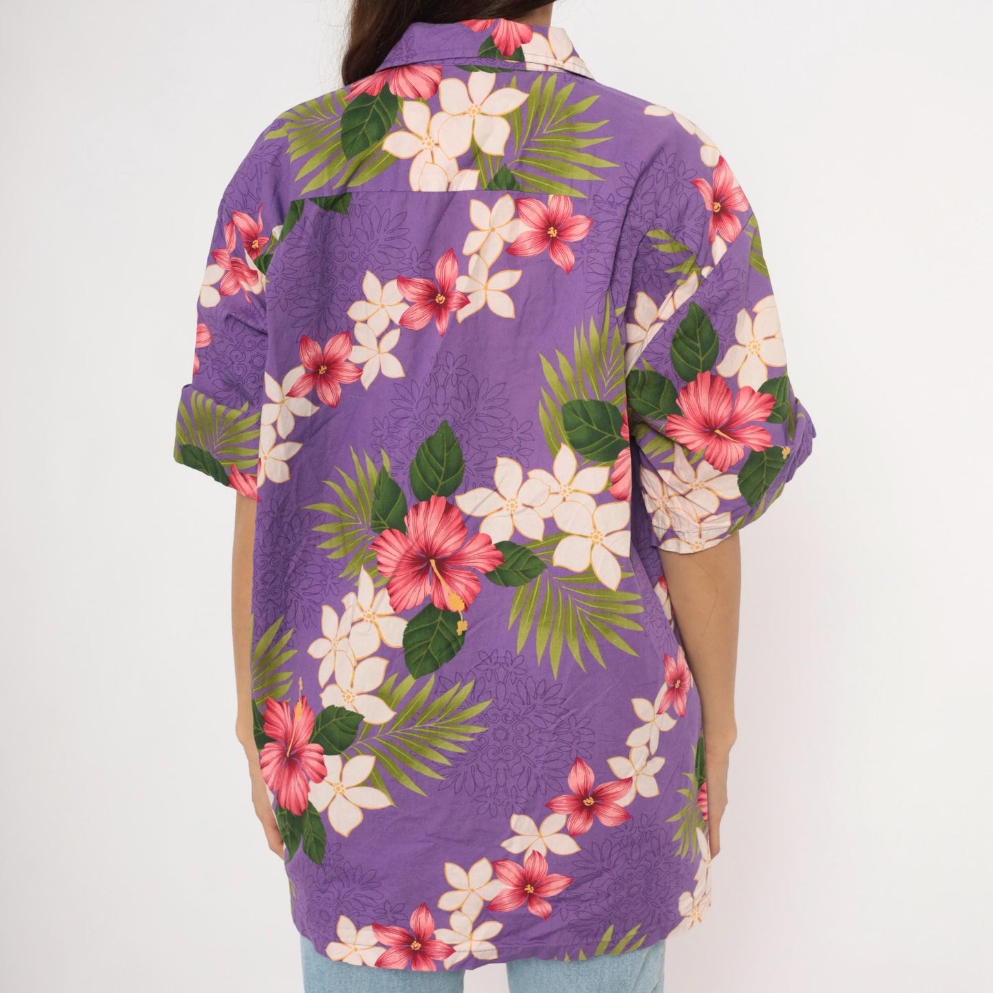 90s Purple Hawaiian Shirt Tropical Floral Hibiscus Plumeria Cotton Extra Large XL