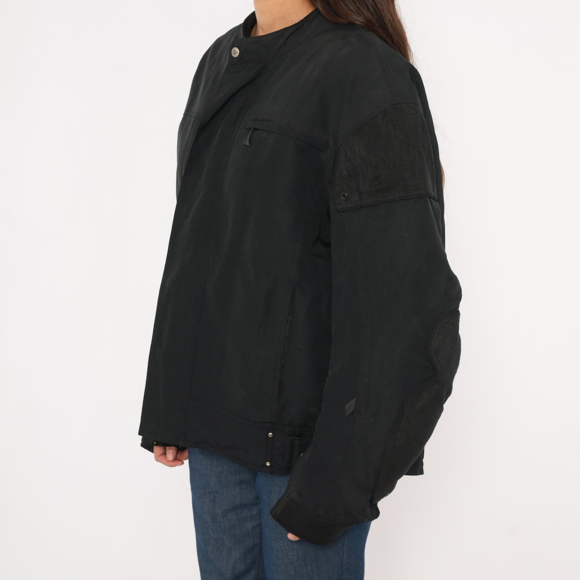 2000s Power Trip Black Motorcycle Jacket Mesh Panel Snap Collar Mens Extra Large XL
