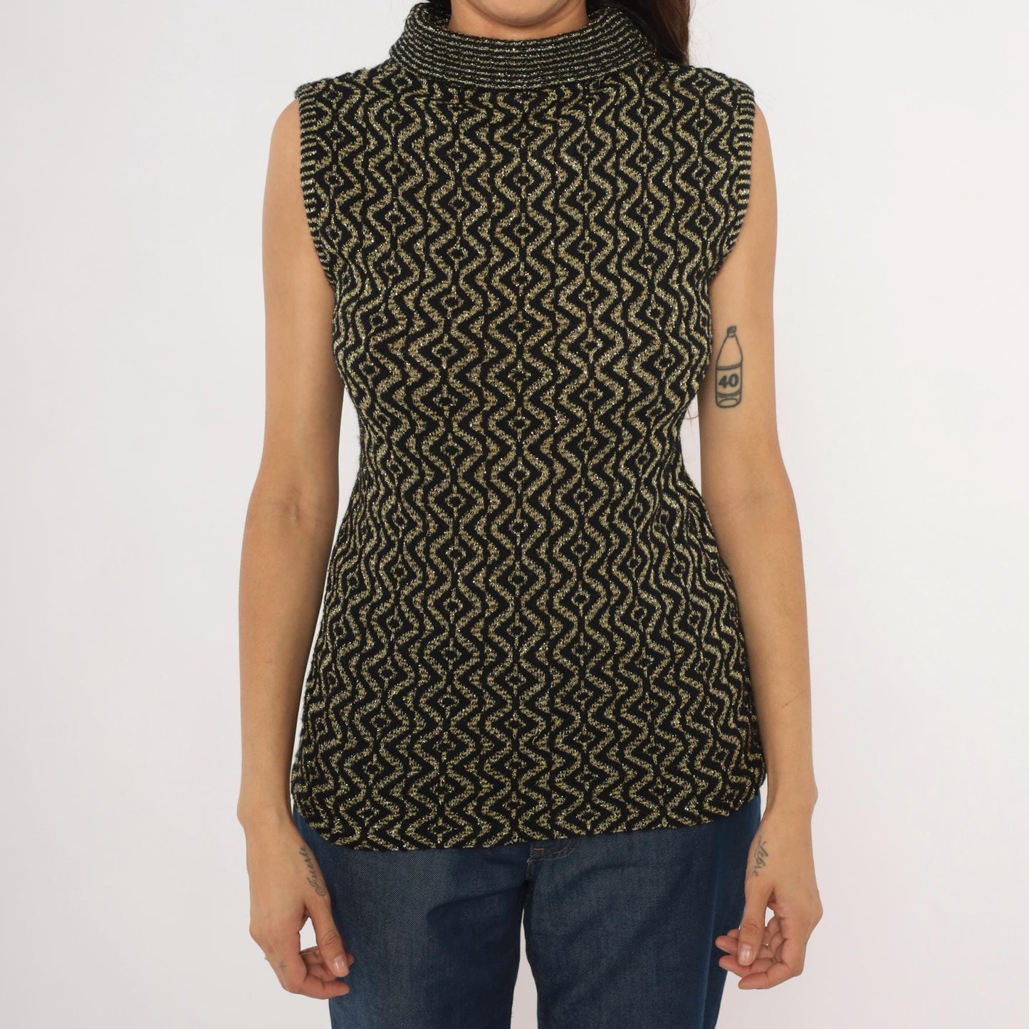90s Black Gold Metallic Knit Mock Neck Tank Geometric Diamond Pattern Medium