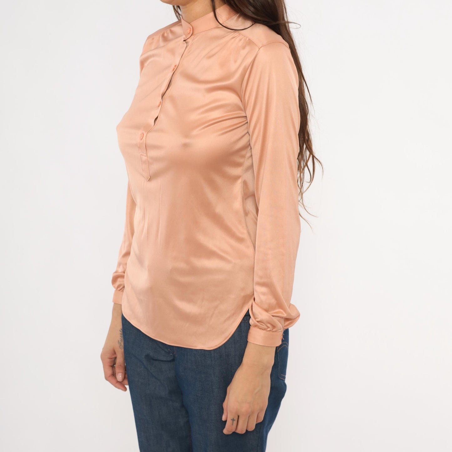 70s Spices Blush Pink Satin Blouse Mandarin Collar Long Sleeve Medium M
