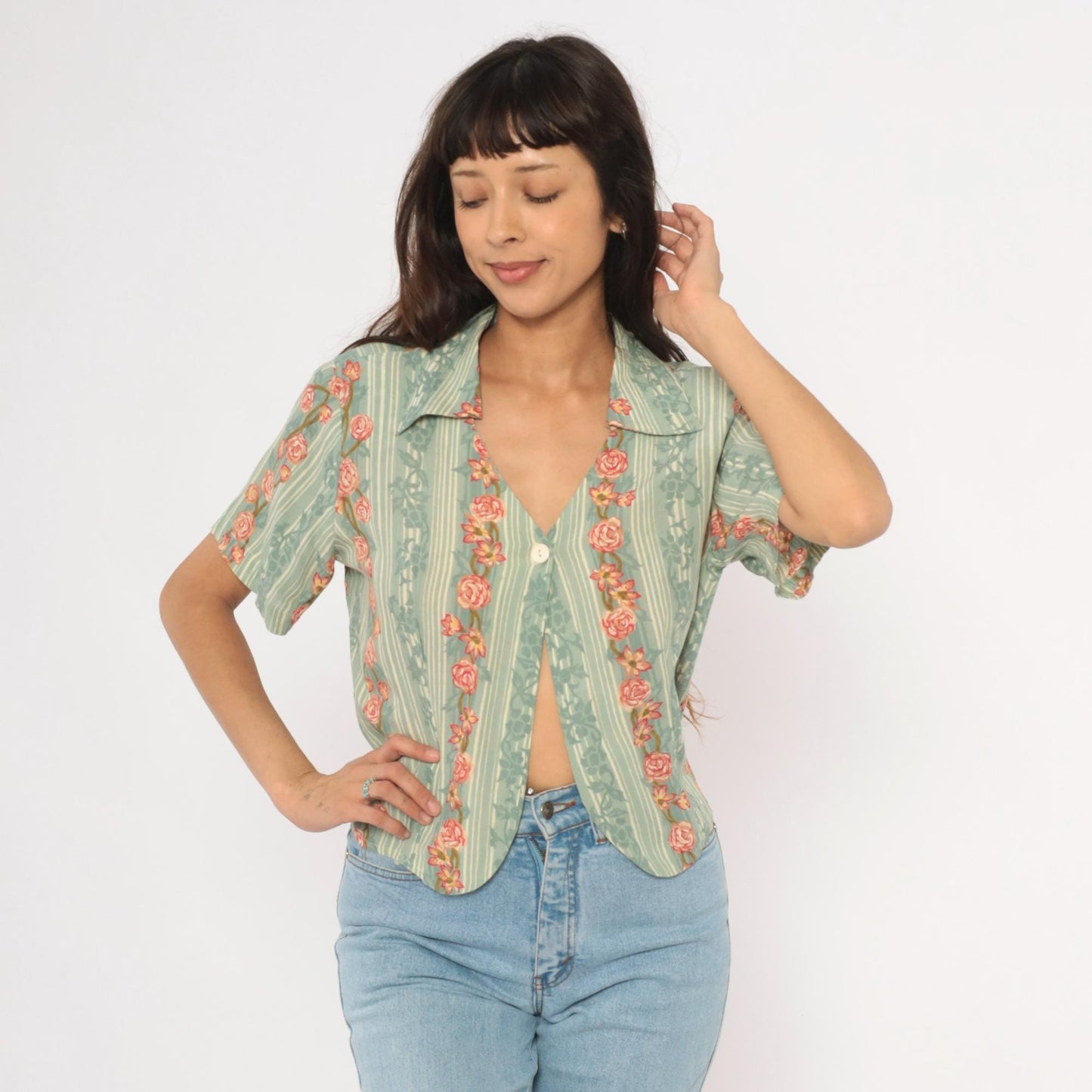 90s ICI Sage Green Striped Rose Vine Blouse V Neck Crop Top Large L
