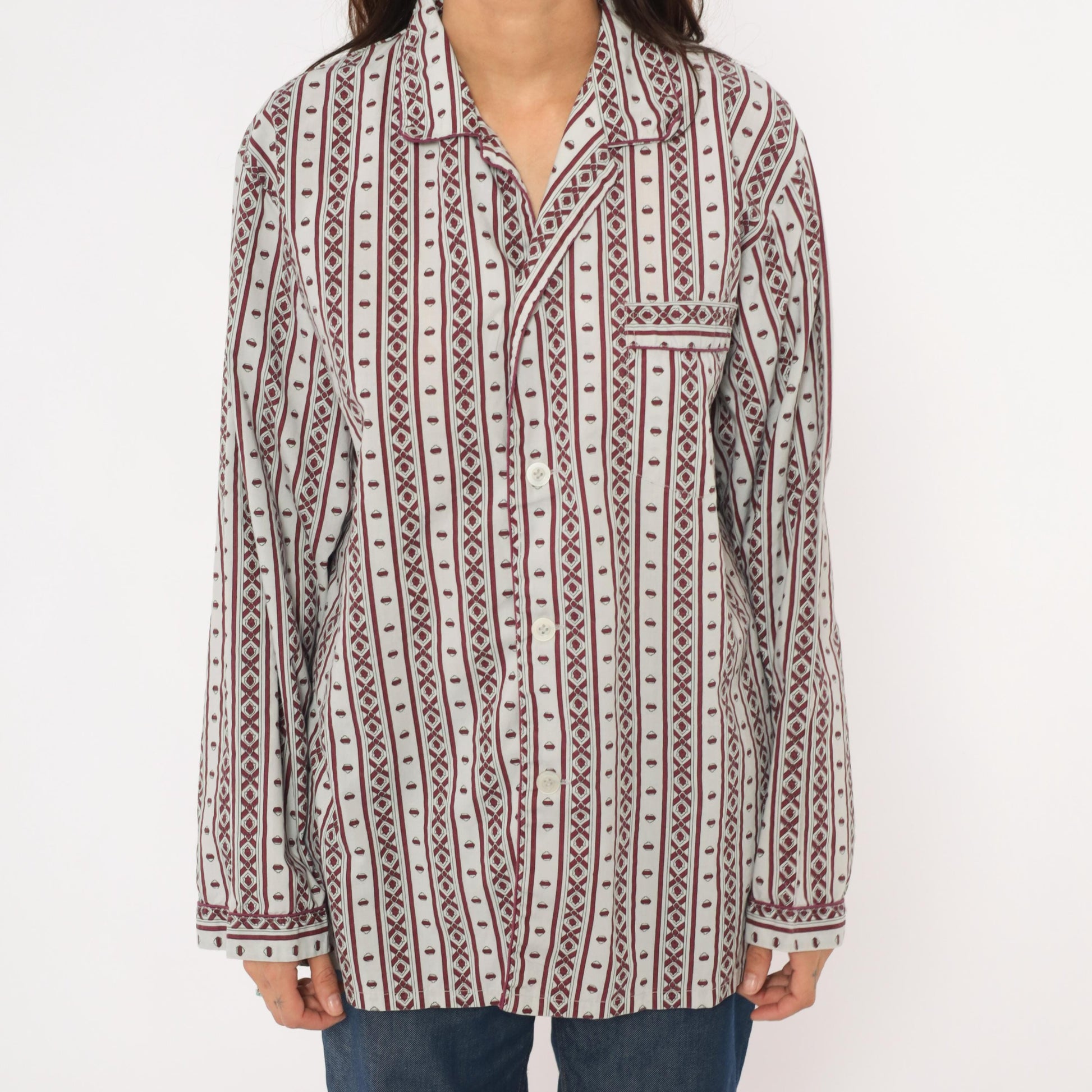 80s MTL Classics Pajama Shirt Geometric Stripe Burgundy Grey Notched Collar Large
