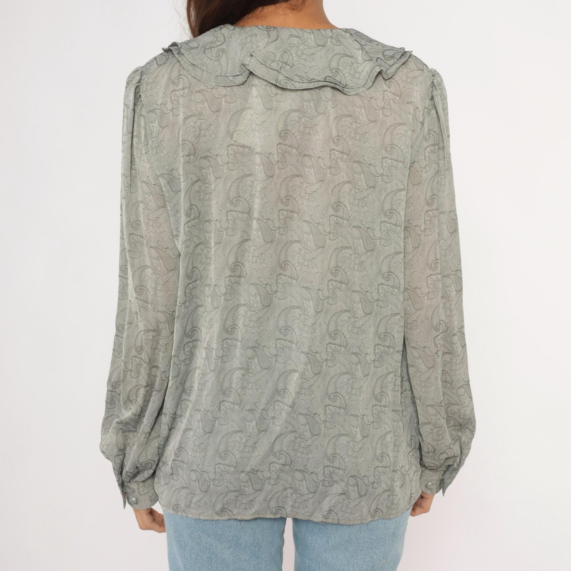 90s Christie & Jill Paisley Ruffle Blouse Grey Silver Button Front V Neck Large L