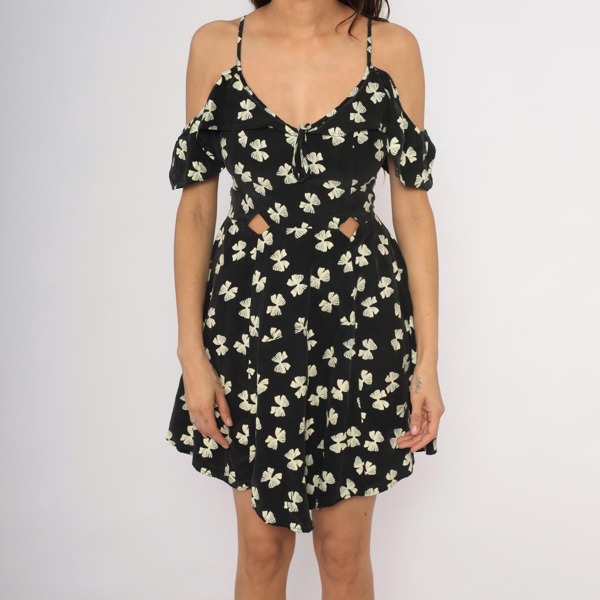 Y2K Black Cream Bow Print Mini Dress Cold Shoulder Cutout Small S
