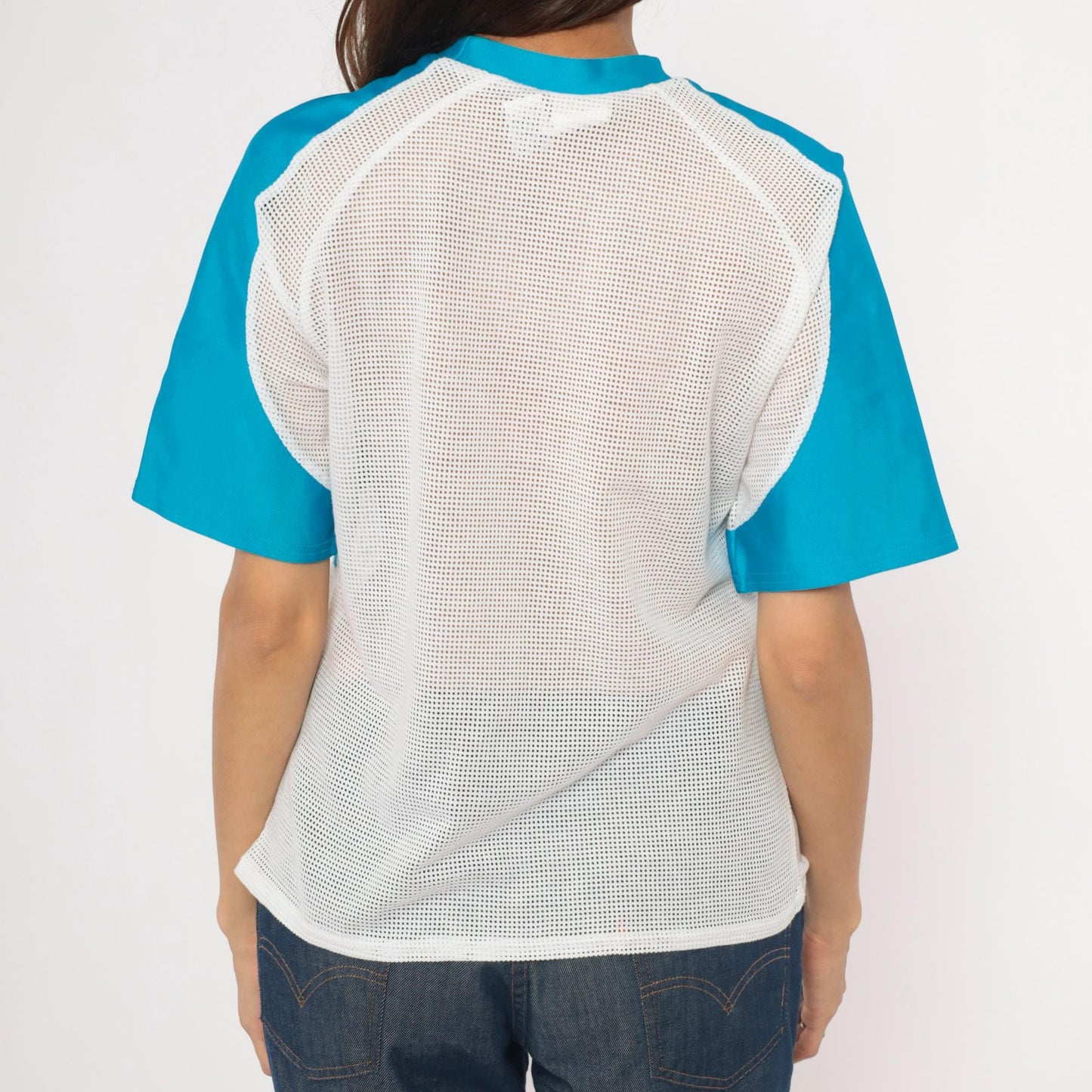 90s Kanu Mesh Panel Raglan Tee Blue White Colorblock Cotton Medium M