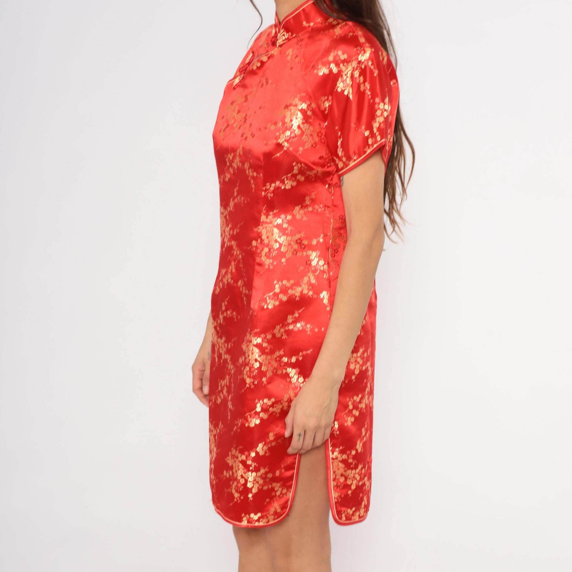 80s Xuan Tang Red Cheongsam Gold Cherry Blossom Qipao Plus Size XXL