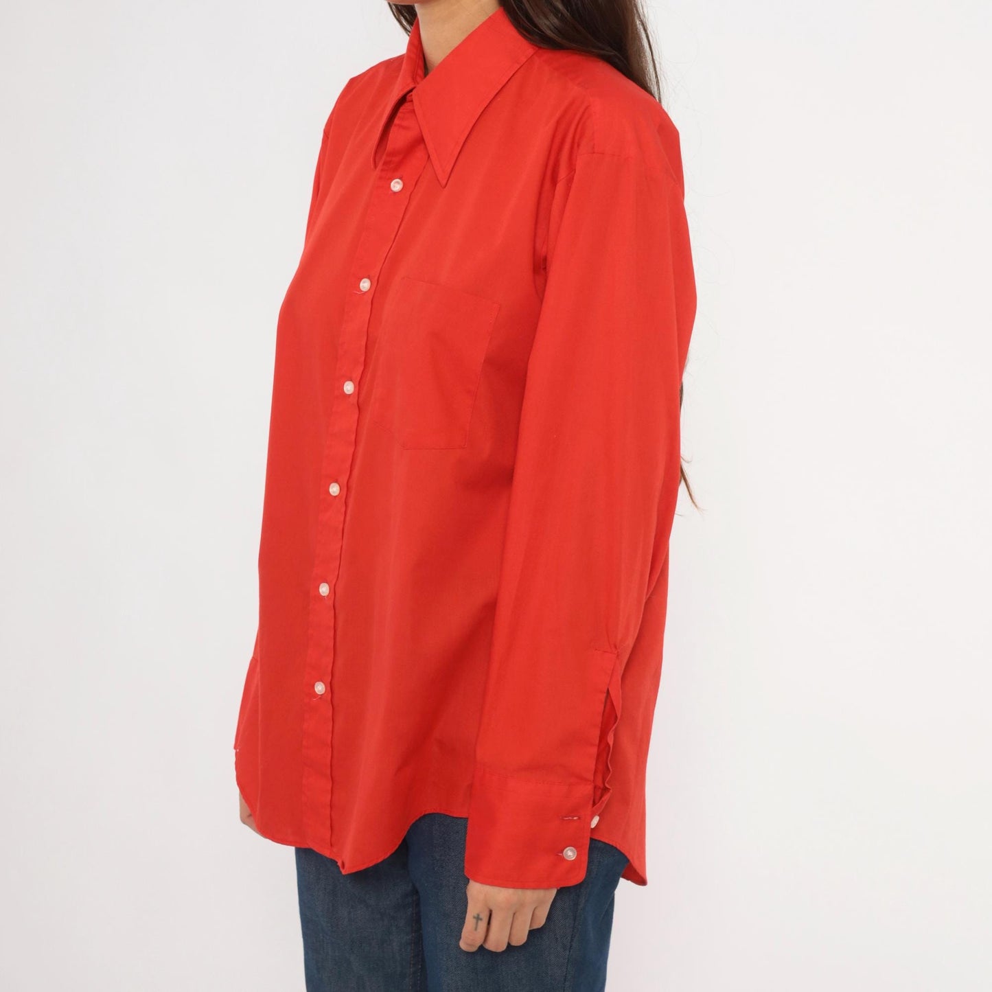 70s Golden Vee Red Button-Up Shirt Pointed Collar Long Sleeve Medium