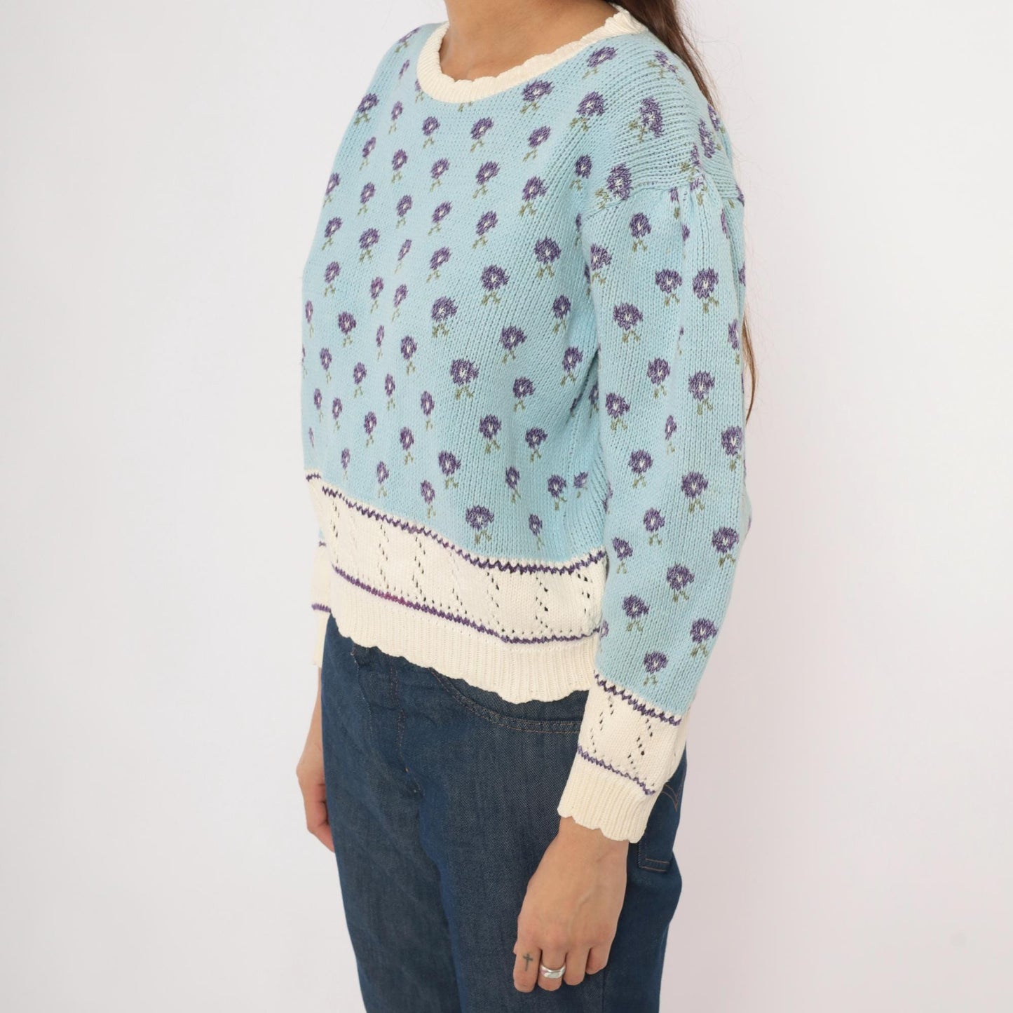 80s Light Blue Floral Knit Sweater Puff Sleeve Pointelle Trim Cotton Medium