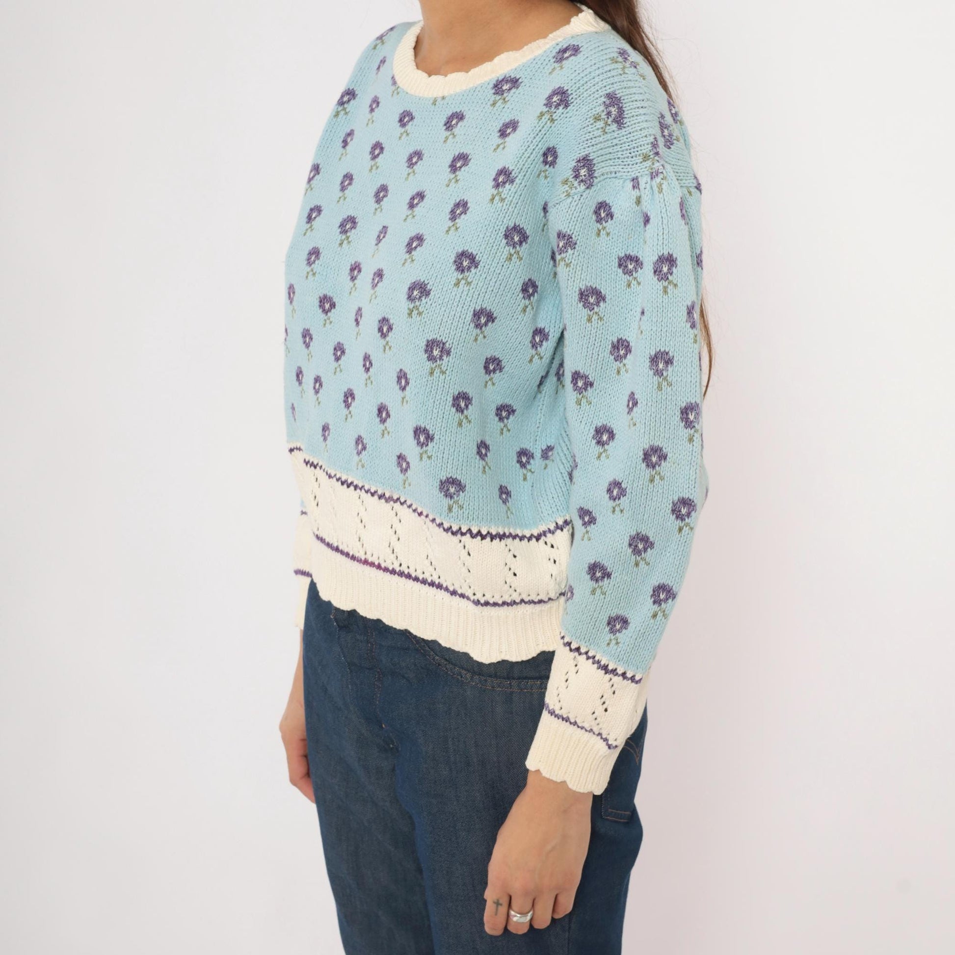 80s Light Blue Floral Knit Sweater Puff Sleeve Pointelle Trim Cotton Medium