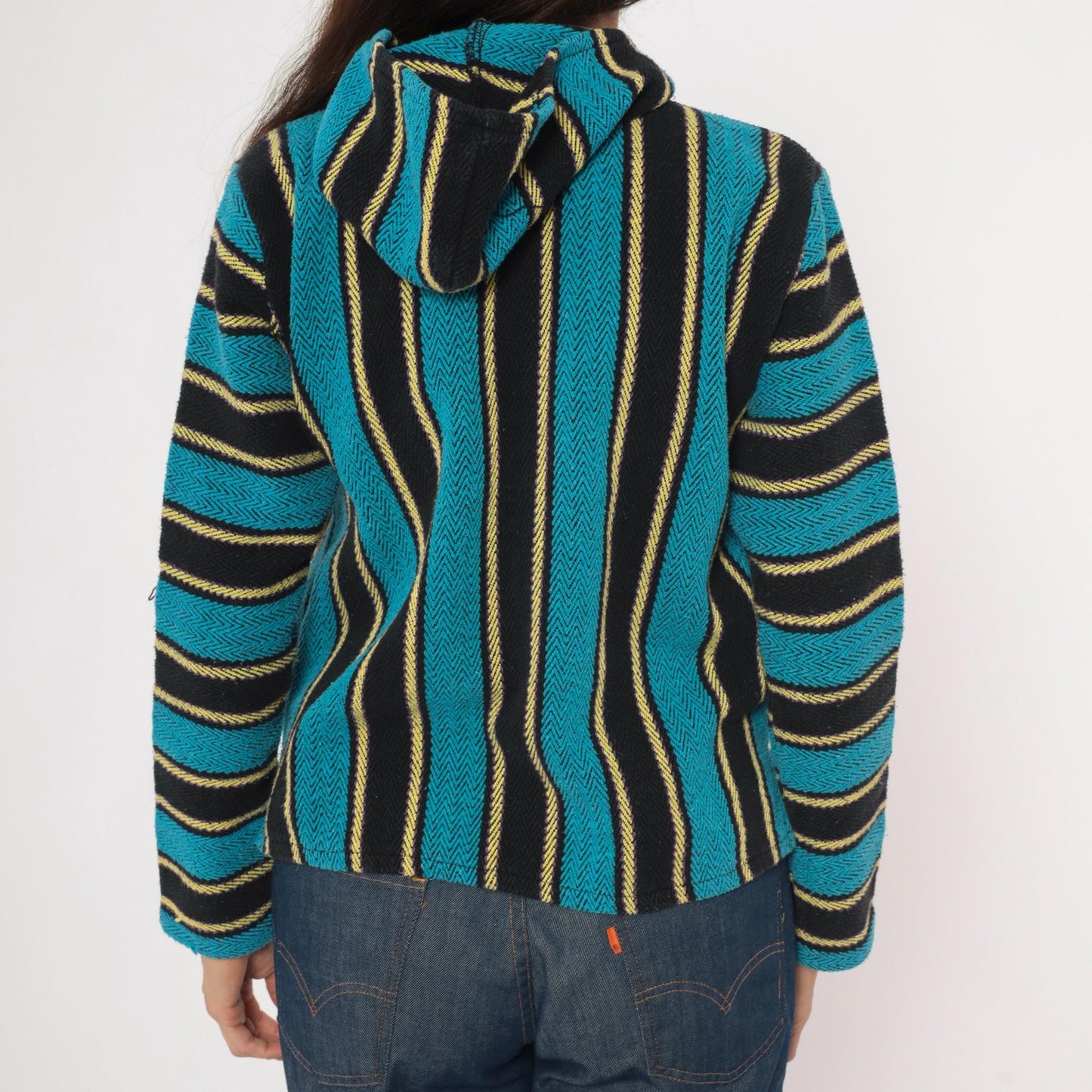 2000s Señor Lopez Baja Hoodie Teal Black Gold Striped Pullover Extra Small XS