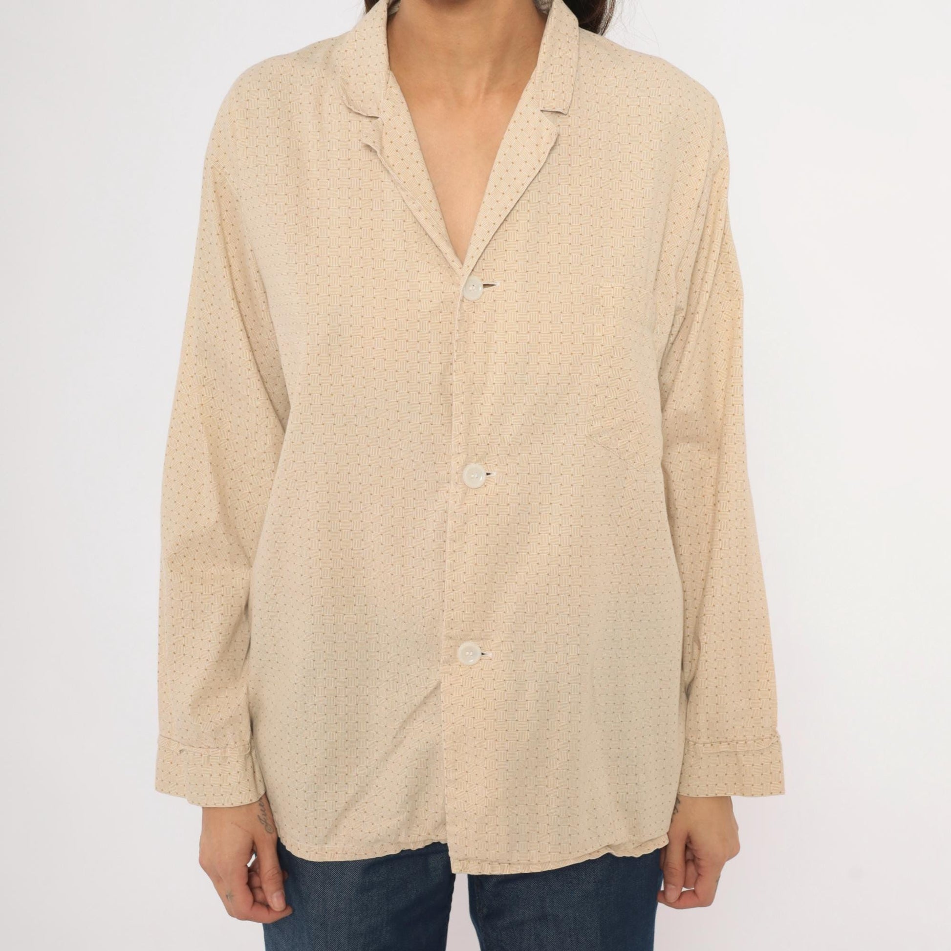 80s Faultless Basketweave Camp Collar Shirt Tan Cotton Blend Large L