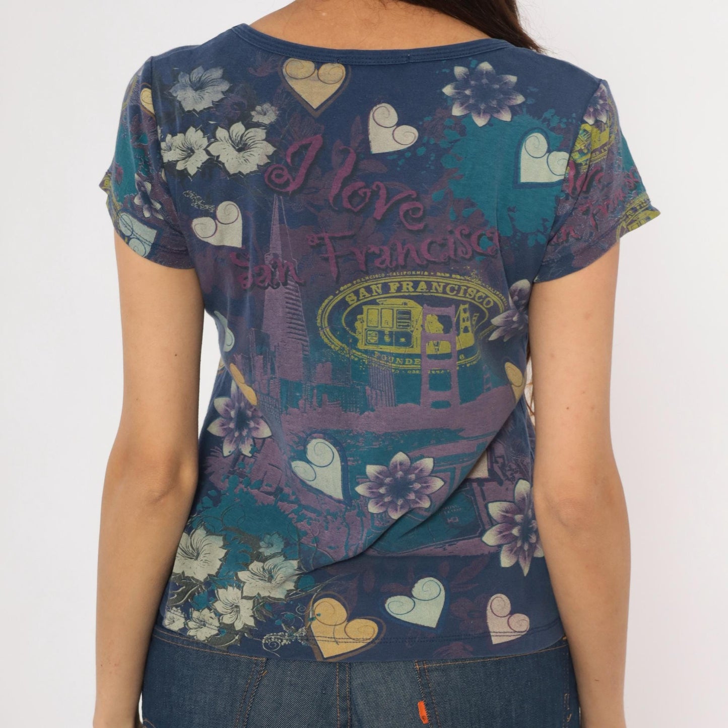 Y2K San Francisco Graphic Tee Vintage Suzie Floral Heart Studded Navy Purple Petite Medium