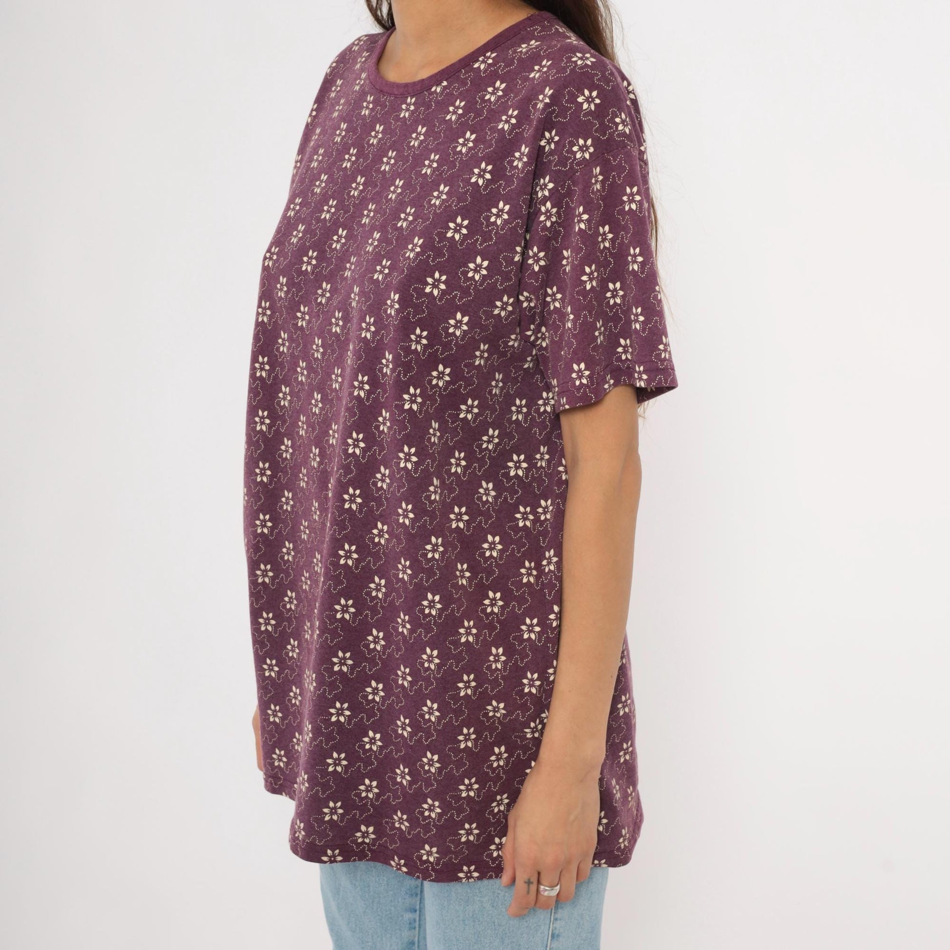 90s Kavio Designs Floral Tee Plum Ditsy Print Cotton Tunic Large L