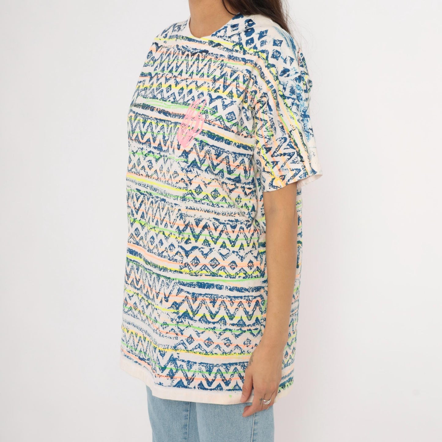 90s Sasson Tribal Print T-Shirt Neon Geometric White Navy Cotton Extra Large XL