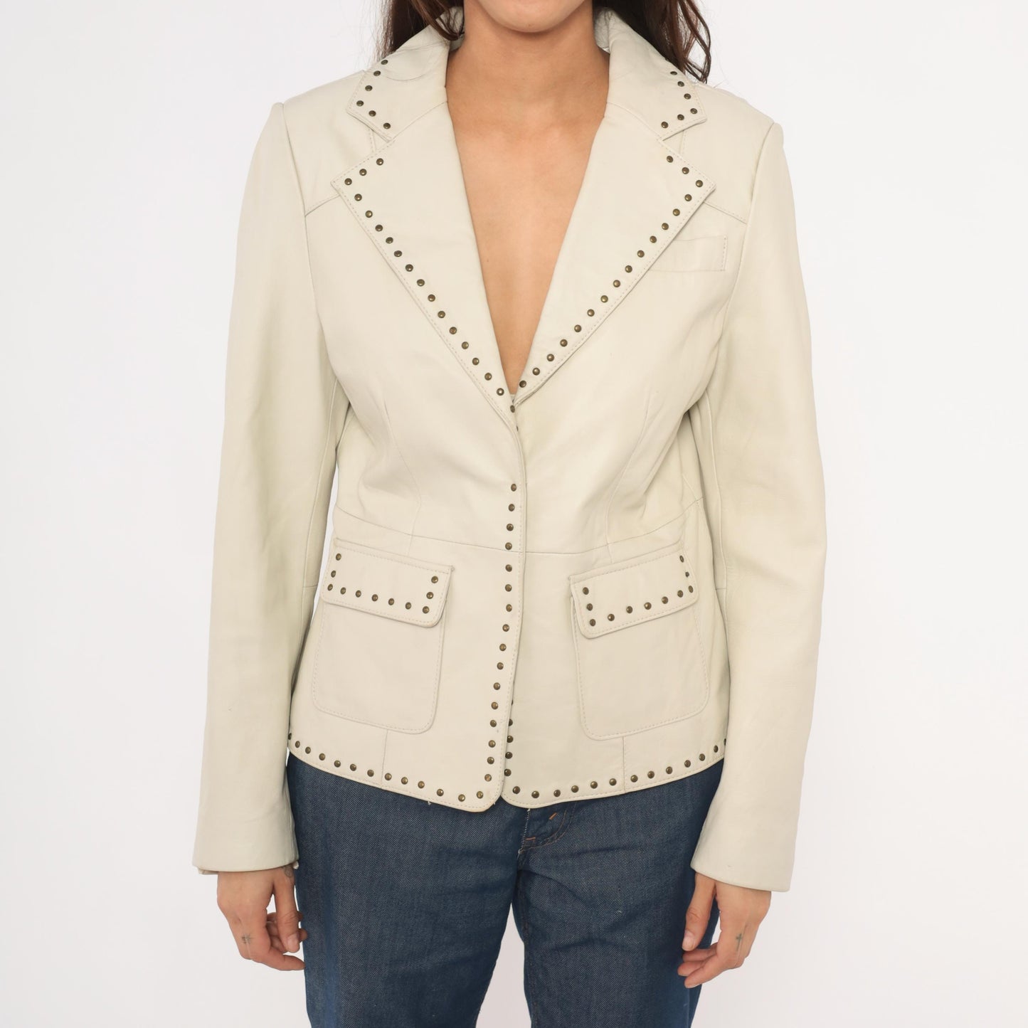 2000s Uniform John Paul Richard Studded Lamb Leather Blazer Cream Medium M