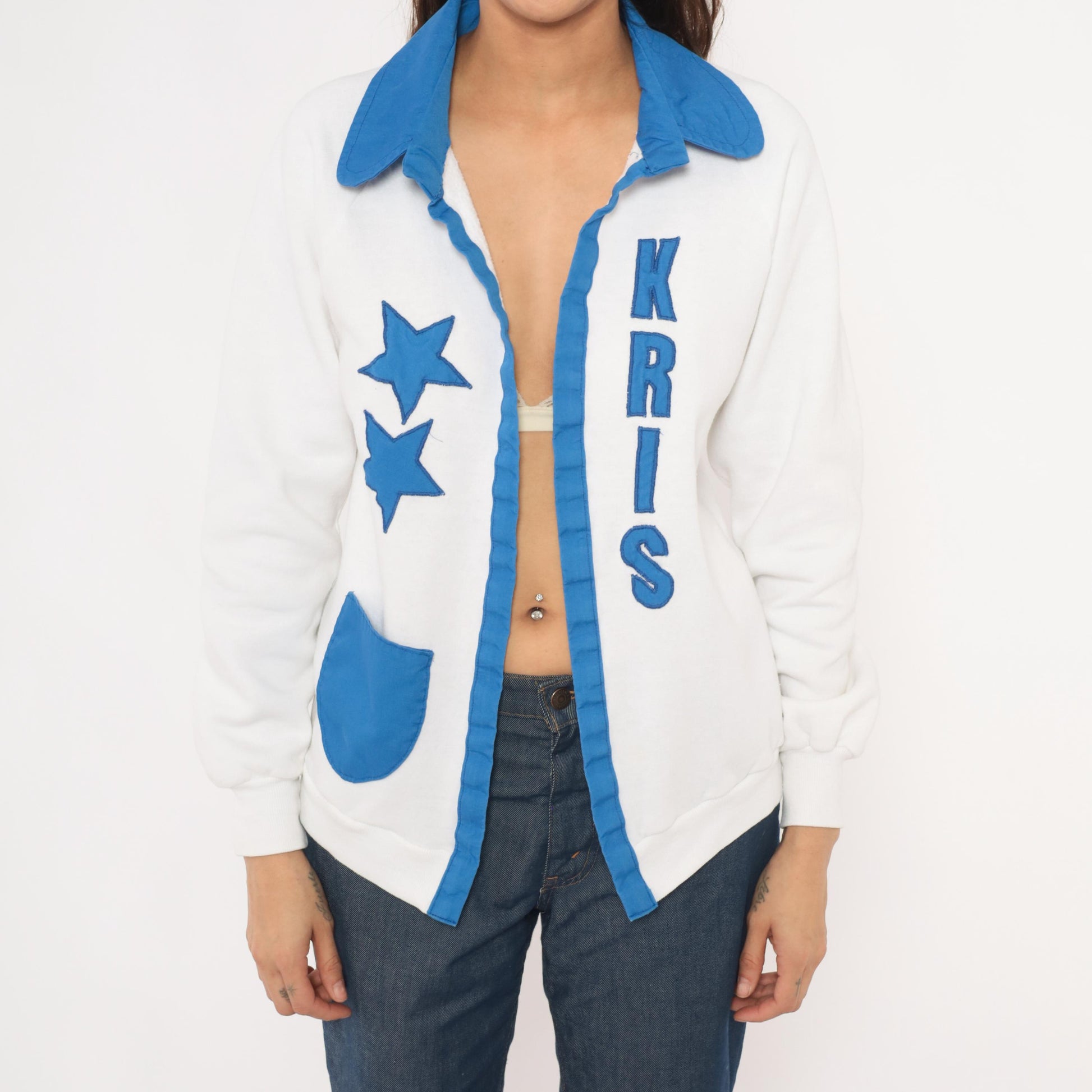 90s Jerzees Royal Dance Star Patch Sweatshirt Jacket White Blue Collared Medium M