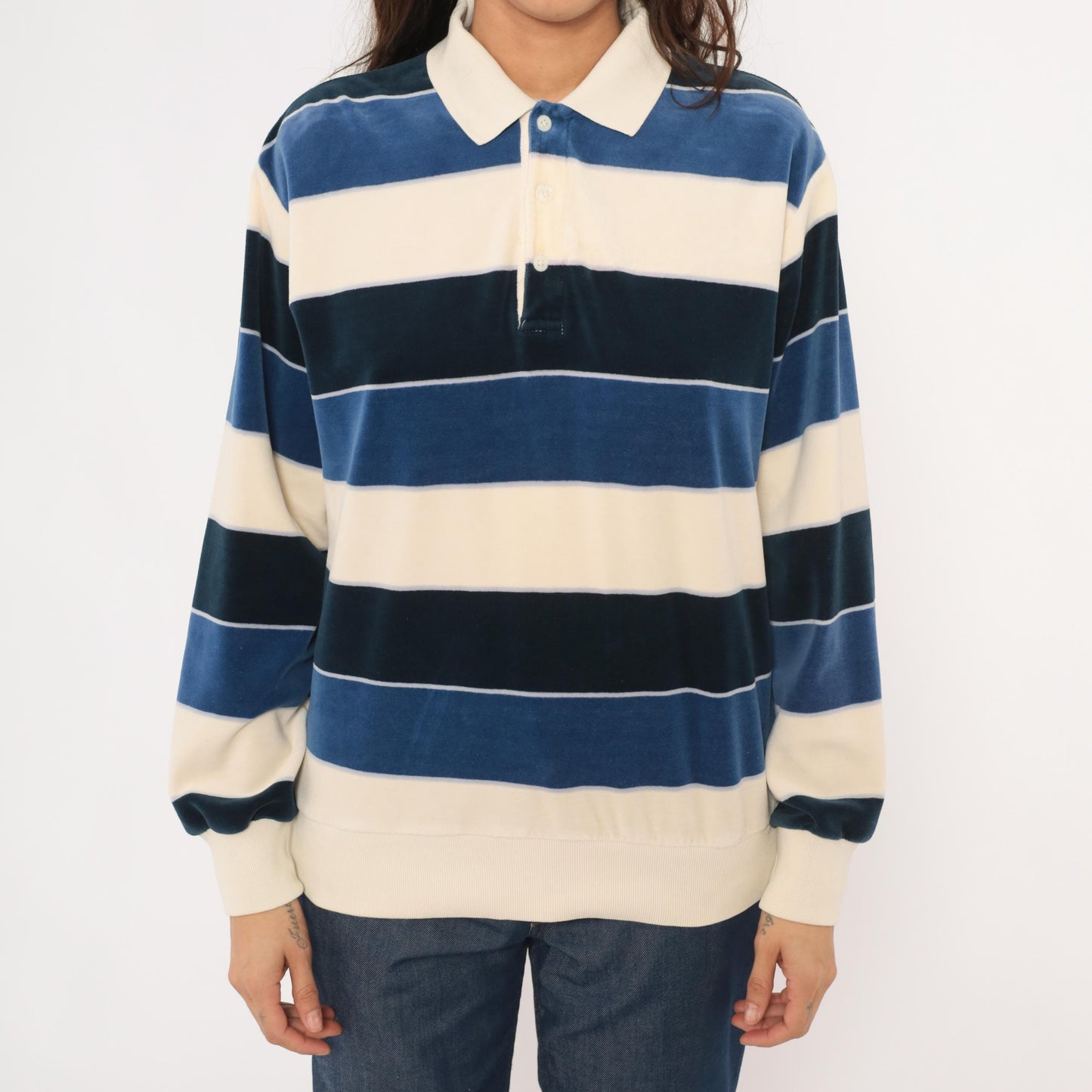 80s Damon Striped Velour Rugby Polo Cream Navy Collared Pullover Medium
