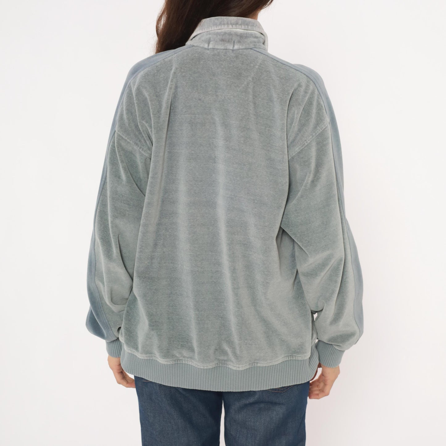 80s Damon Velour Polo Sweatshirt Grey-Blue Collared Pullover Medium M