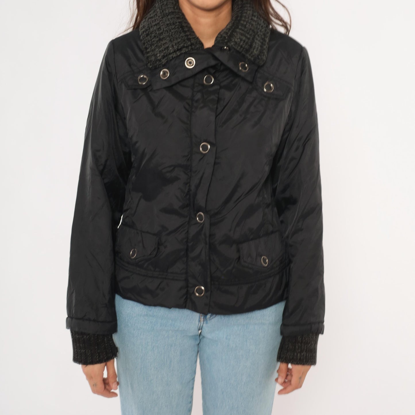 Y2K Dollhouse Black Bomber Jacket Snap Front Knit Collar Cropped Medium M