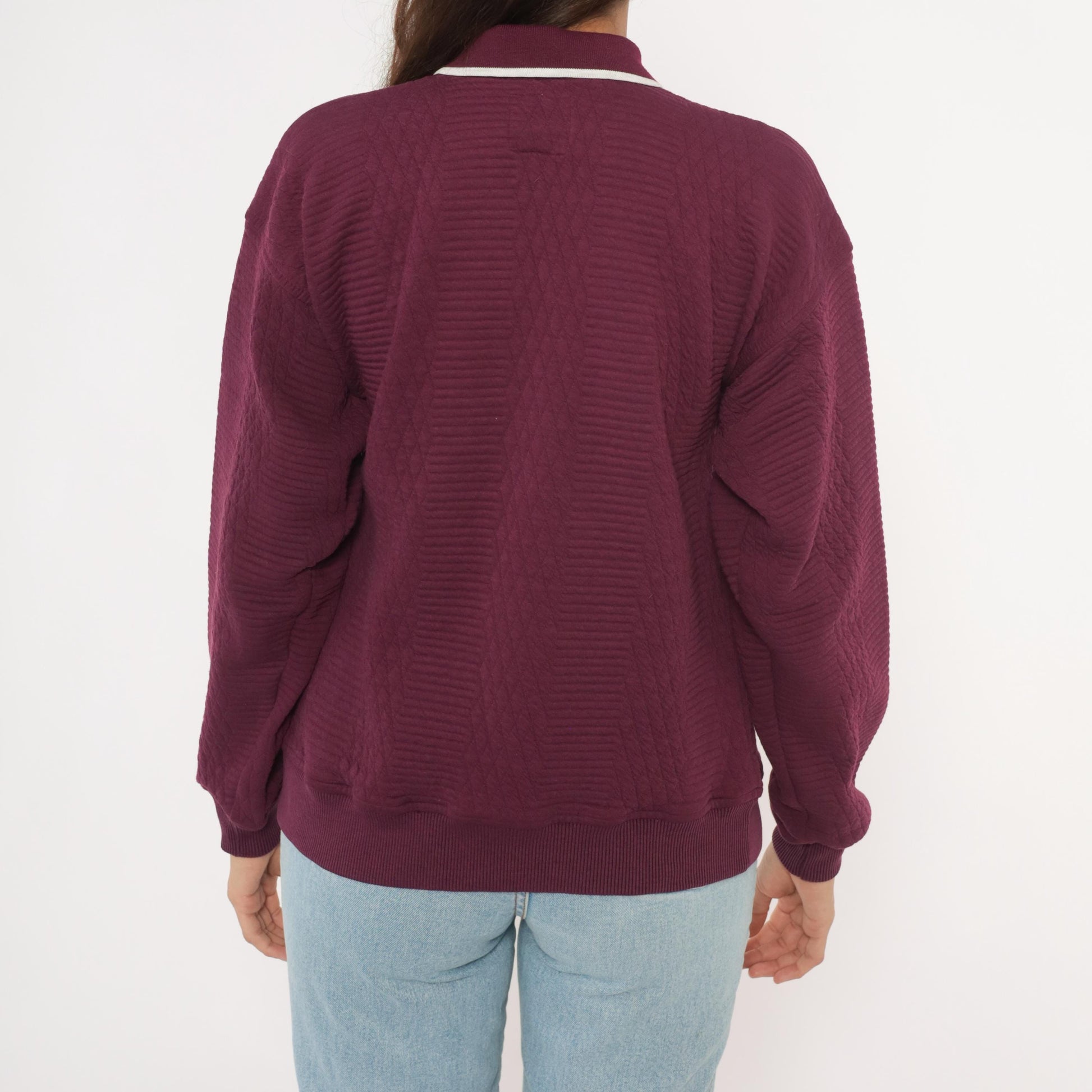 90s Green Line International Plum Polo Sweater Diamond Knit White Collar Medium M
