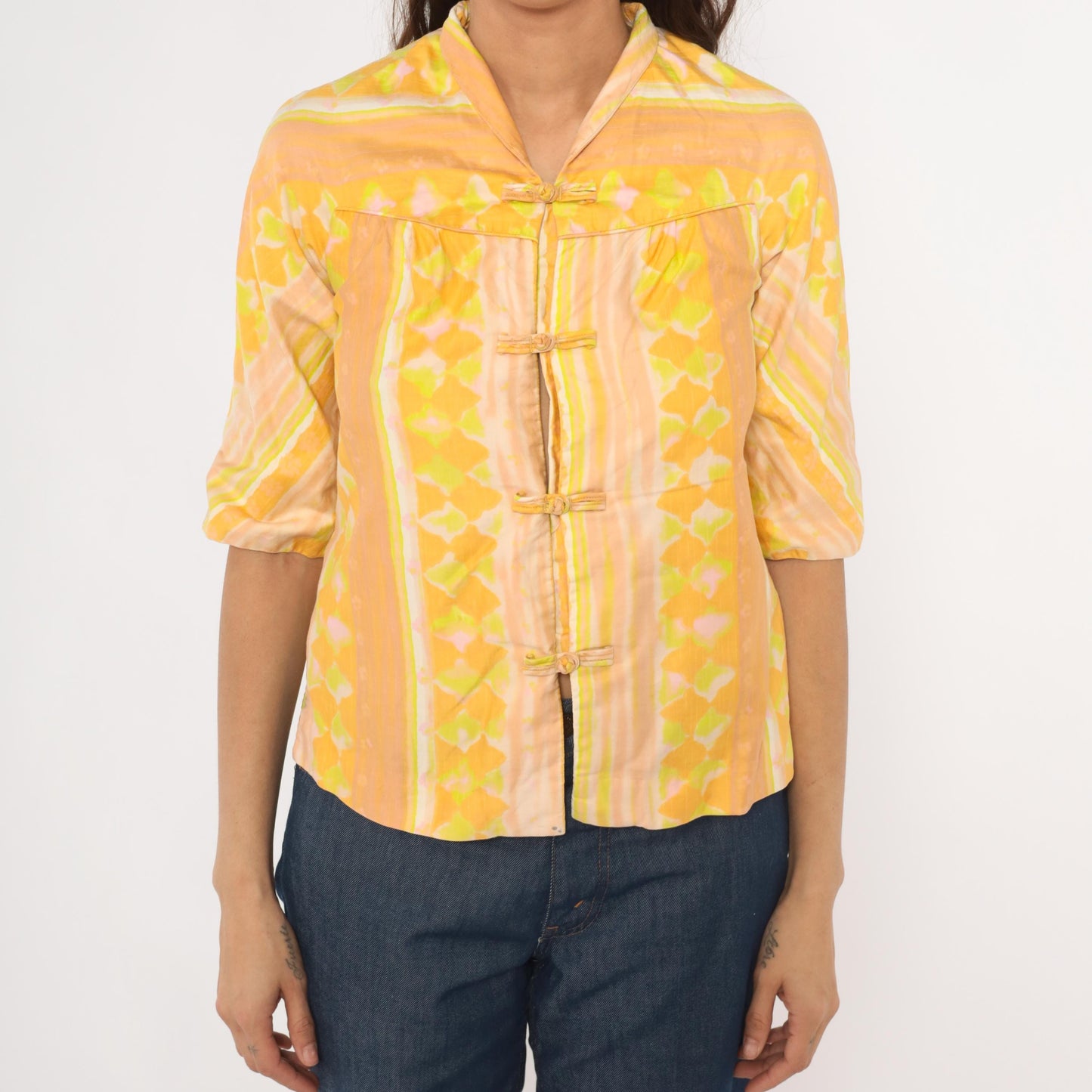 70s Frog Closure Blouse Yellow Geometric Print Mandarin Collar Three Quarter Sleeve Extra Small XS