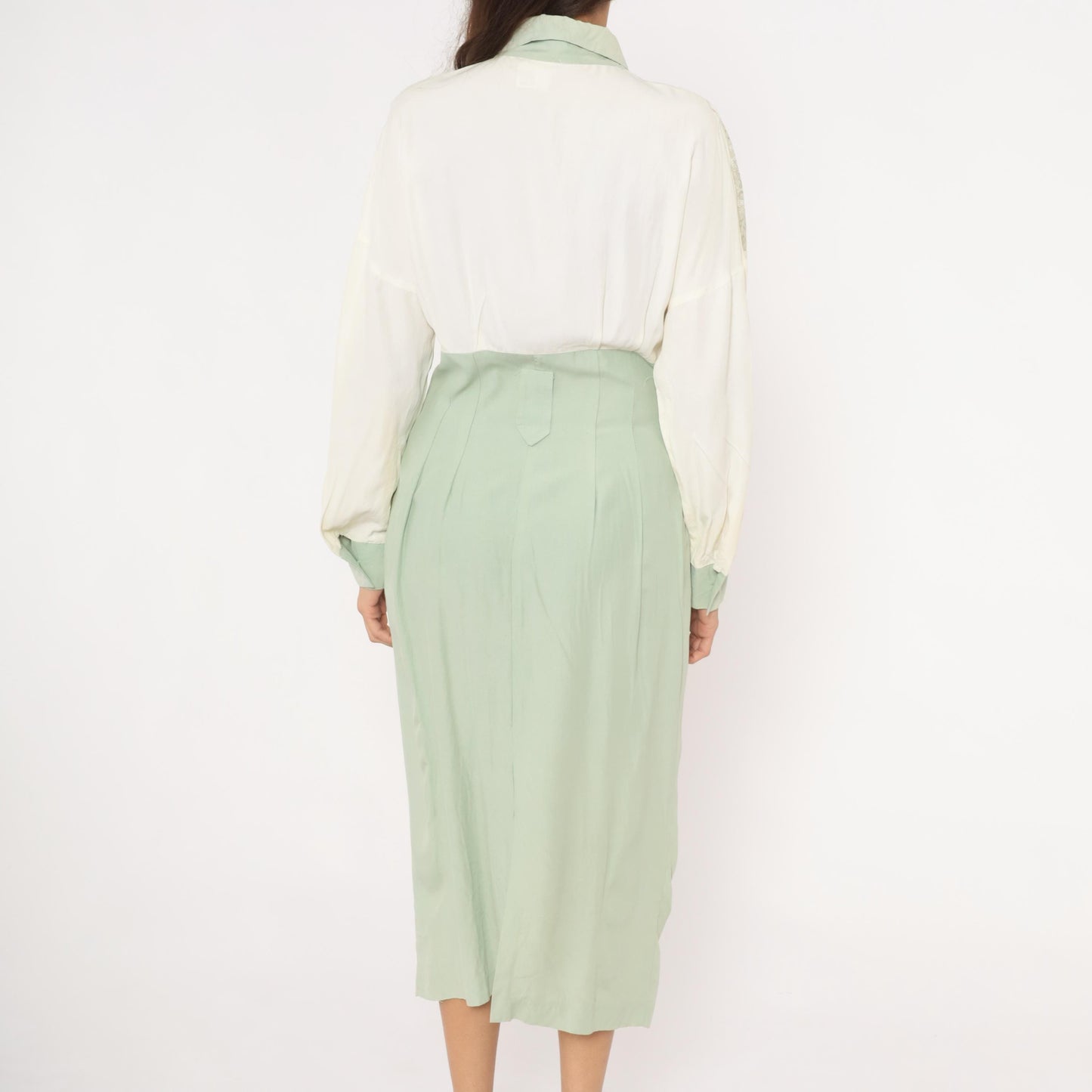 90s Irresistible Sage Mint Lace Midi Dress Gold Buttons Pointed Collar Large L