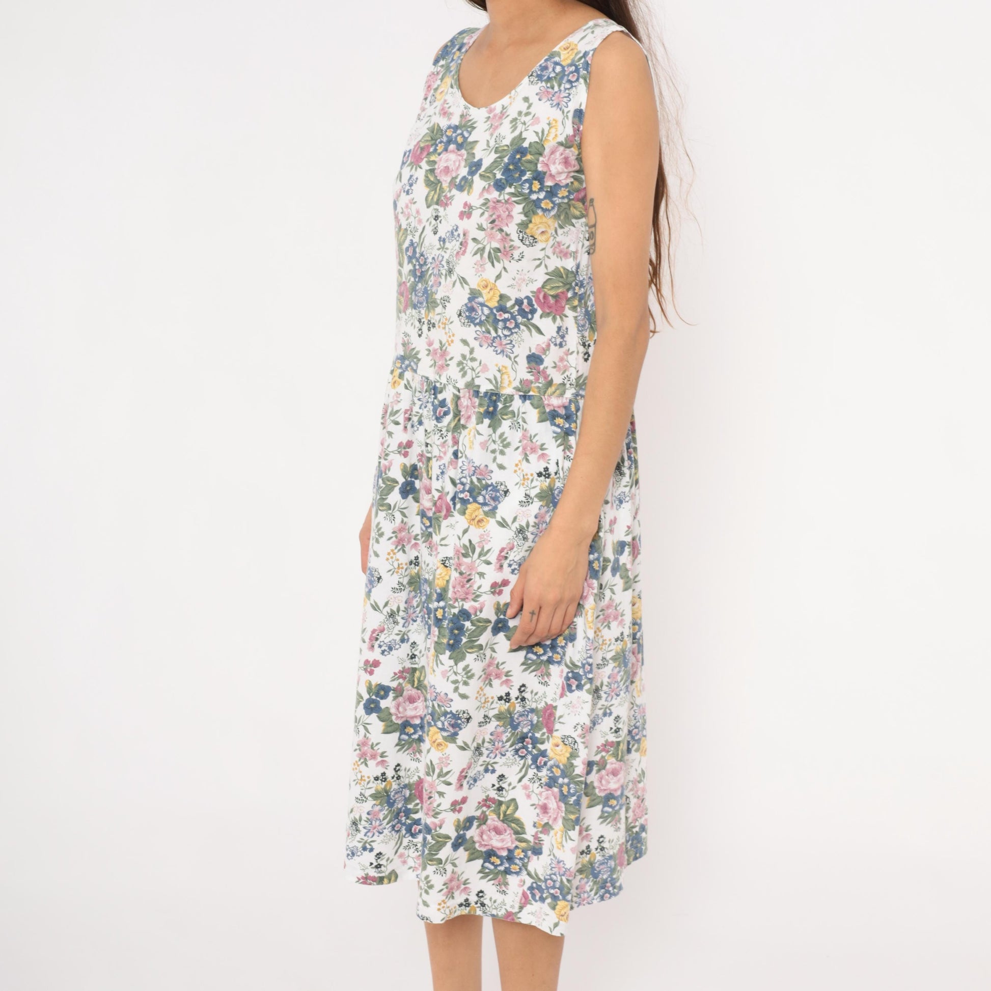 90s Erika Floral Sundress White Pink Blue Garden Print Cotton Small