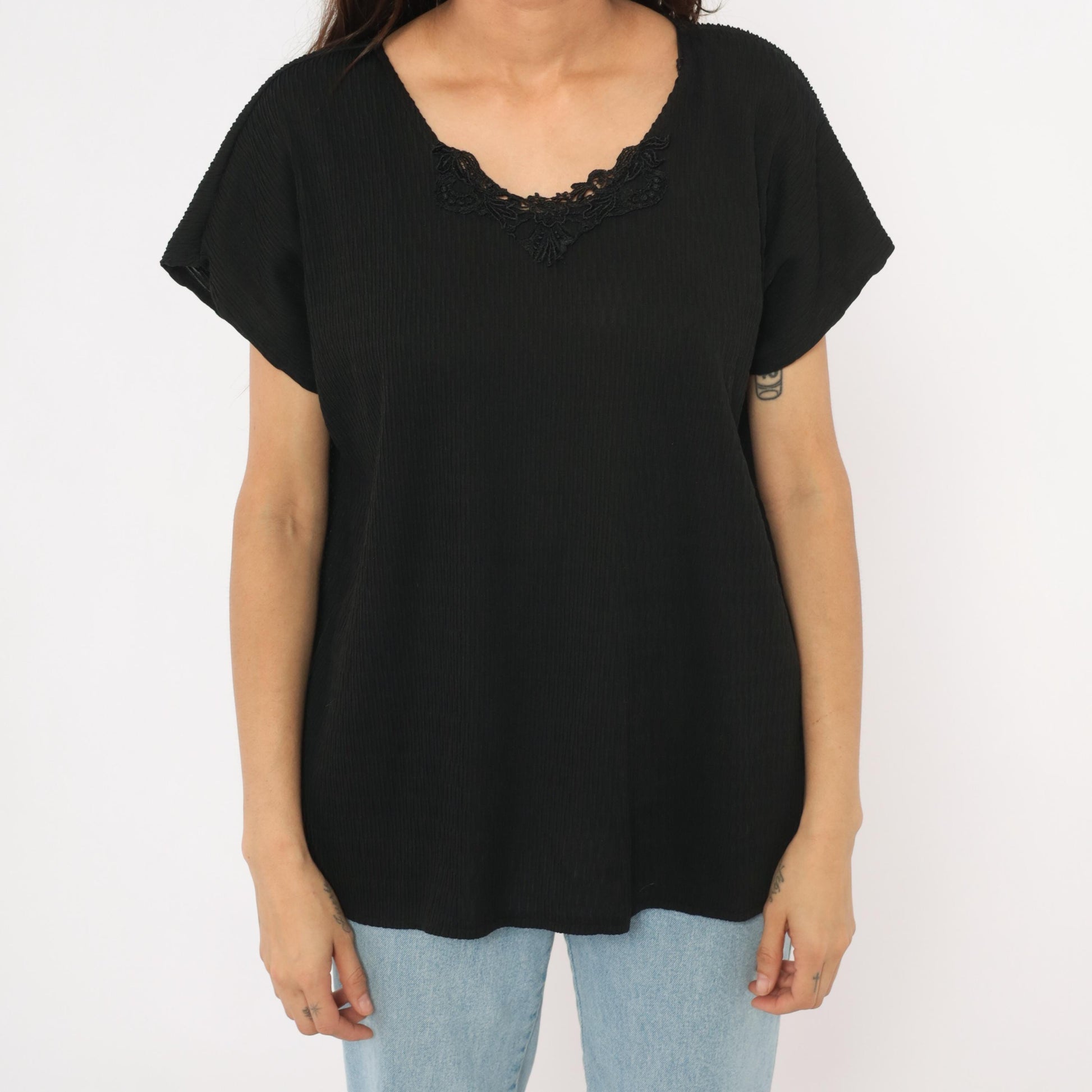 90s Copy Cats Black Lace Neckline Blouse Dolman Sleeve Tunic Extra Large XXL