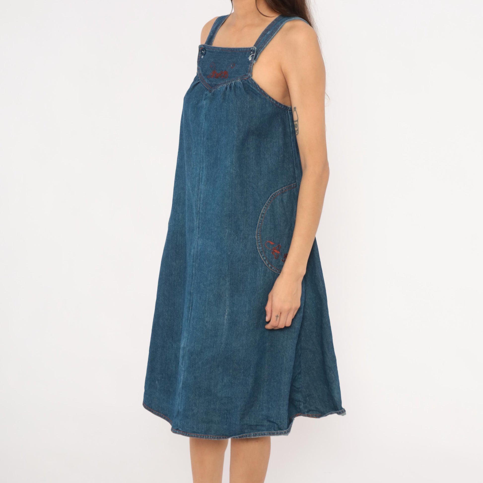 70s Joni Blair Denim Jumper Dress Blue Embroidered Pinafore XS