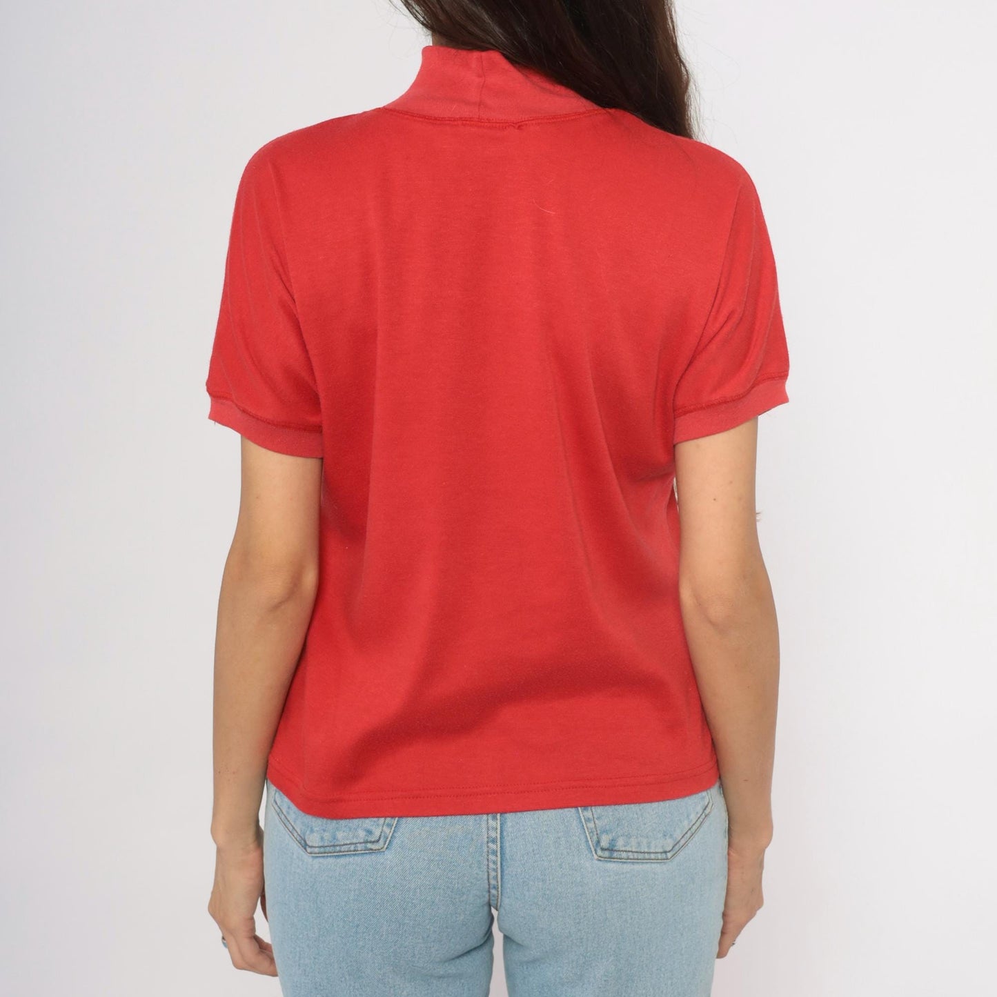 90s French Navy Red Mock Neck Cotton Tee Short Sleeve Medium M