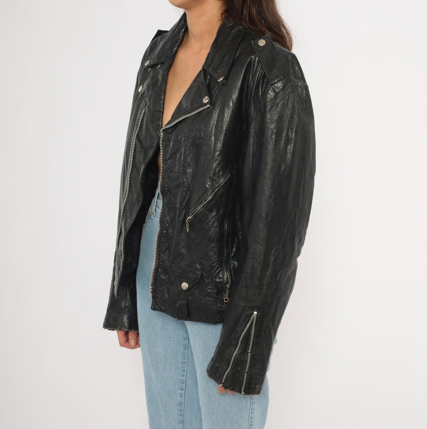 90s Black Leather Moto Jacket Asymmetrical Zip Biker Coat Medium M