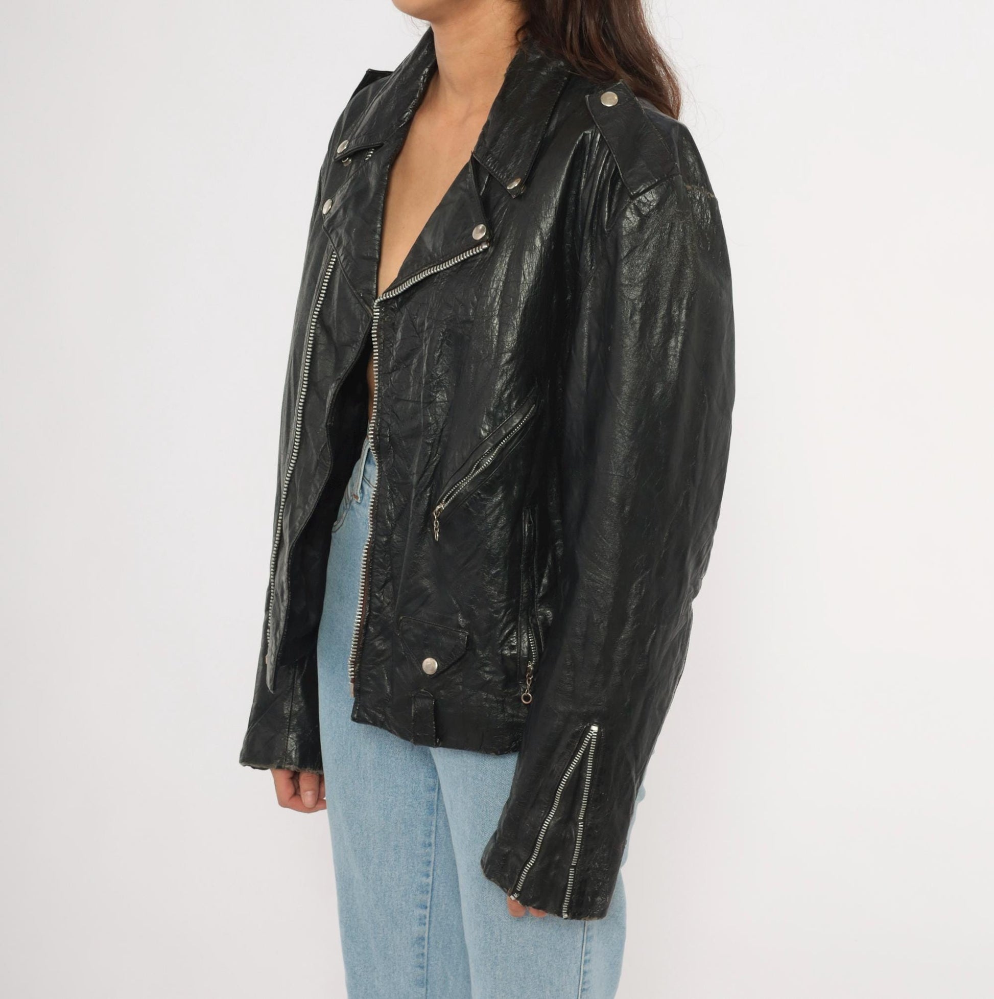 90s Black Leather Moto Jacket Asymmetrical Zip Biker Coat Medium M