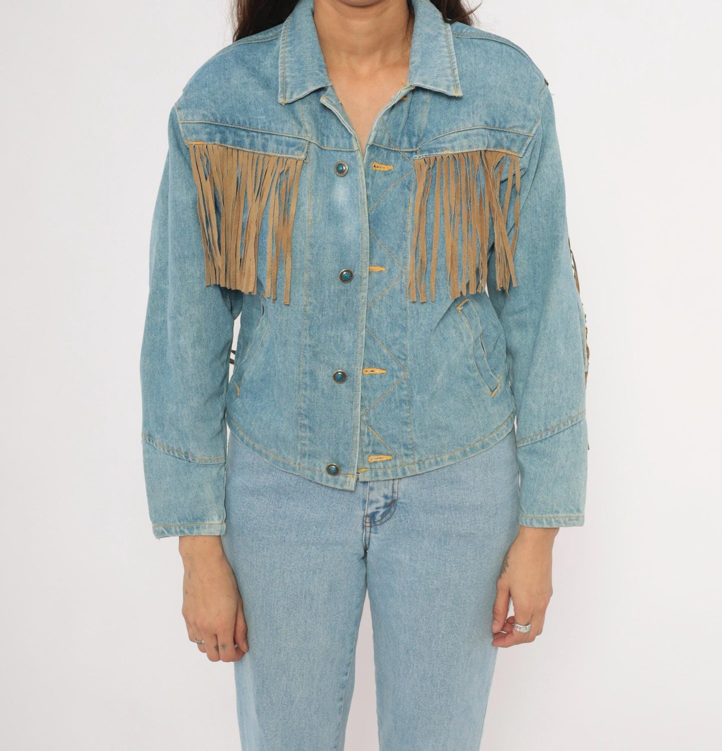 90s Morganwear Denim Jacket Suede Fringe Light Wash Lace-Up Back Medium M