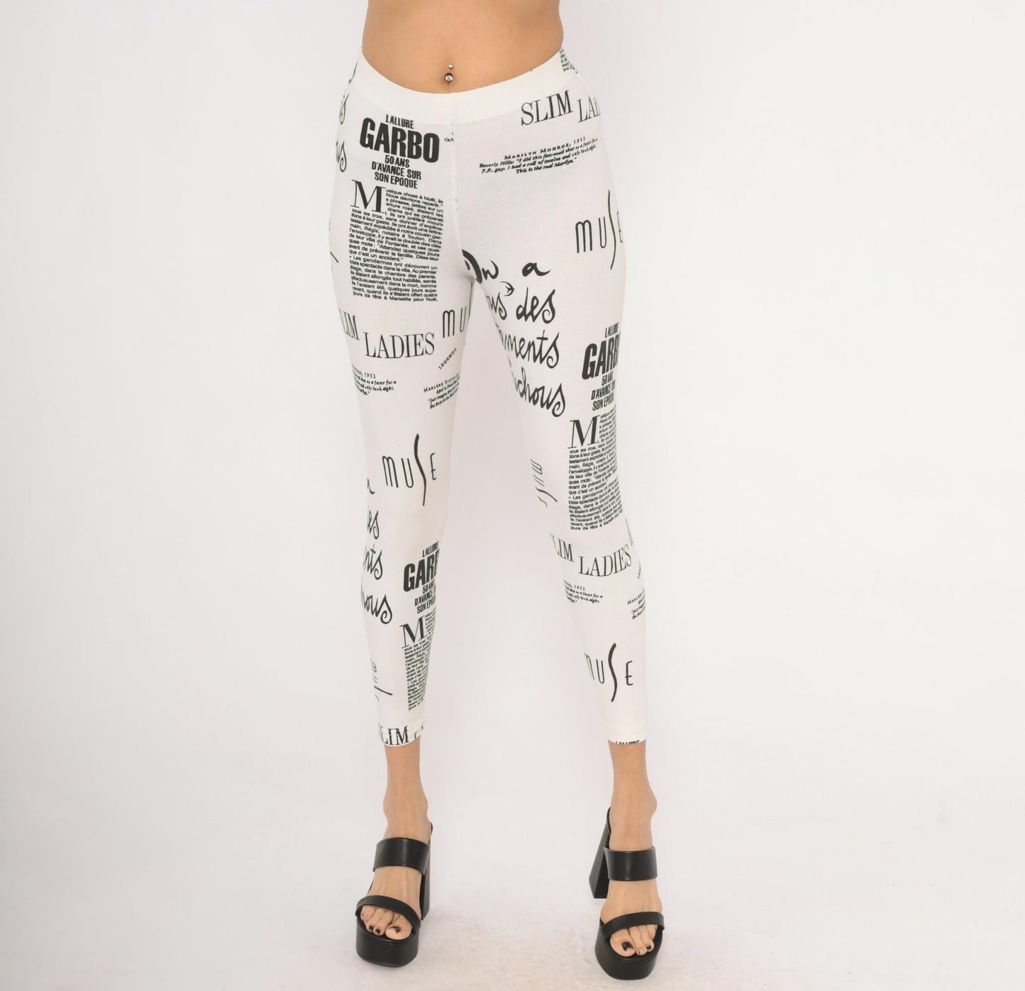 90s The Limited Newspaper Print Leggings Black White French Text XS