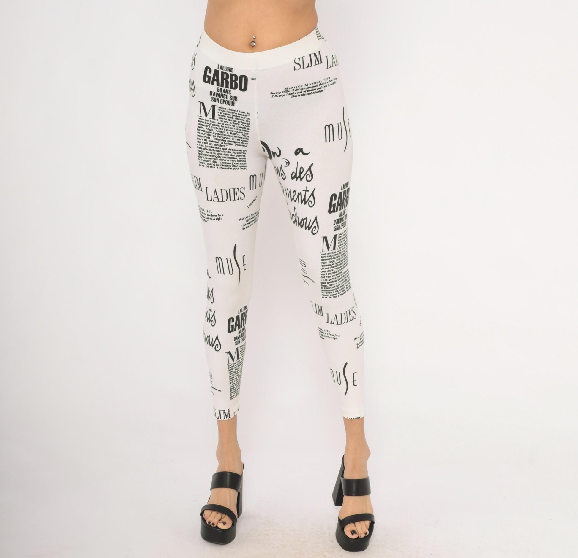 90s The Limited Newspaper Print Leggings Black White French Text XS