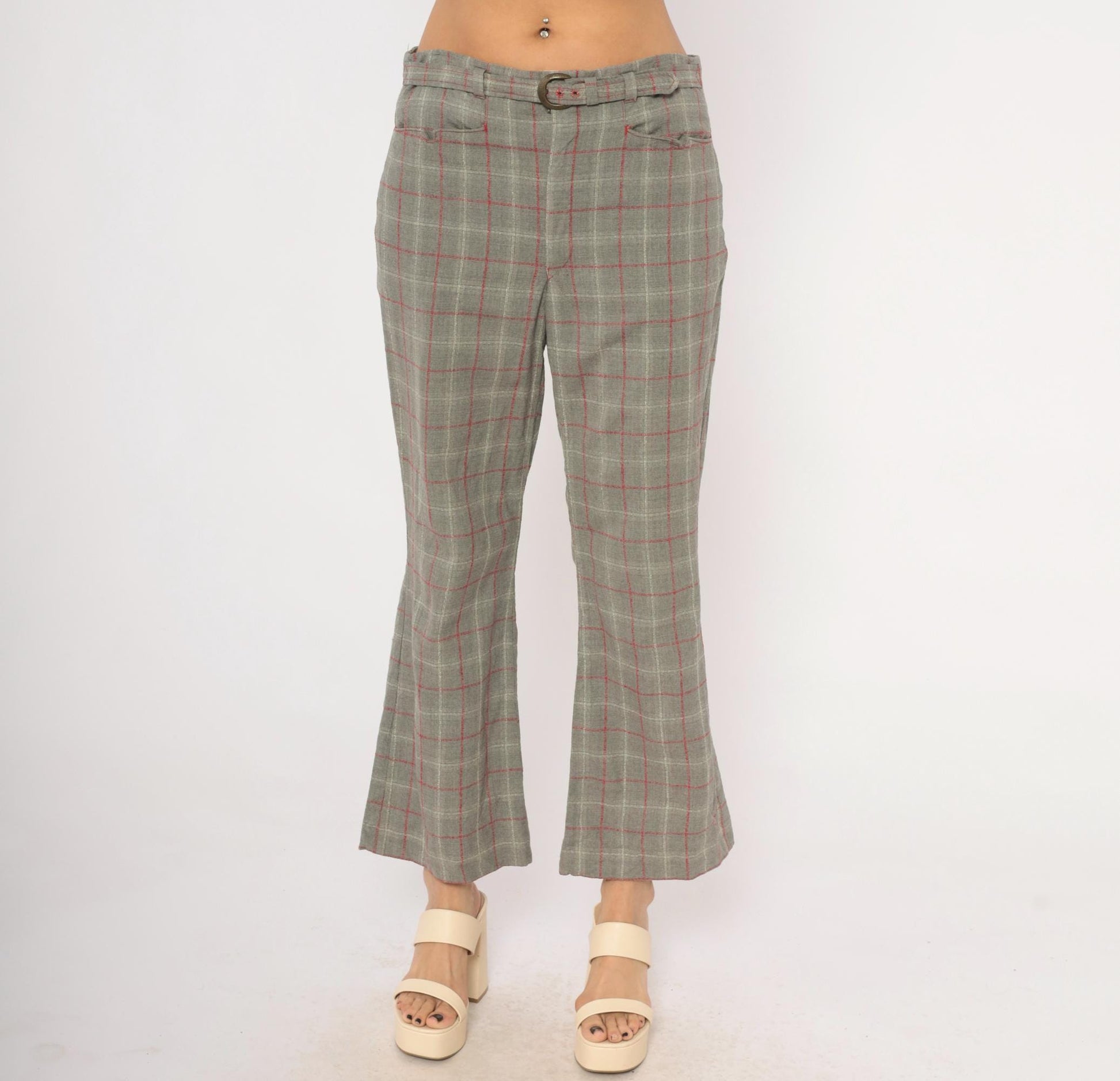 70s Grey Plaid Wool Blend Kick Flare Pants Red Windowpane Low Rise Medium M