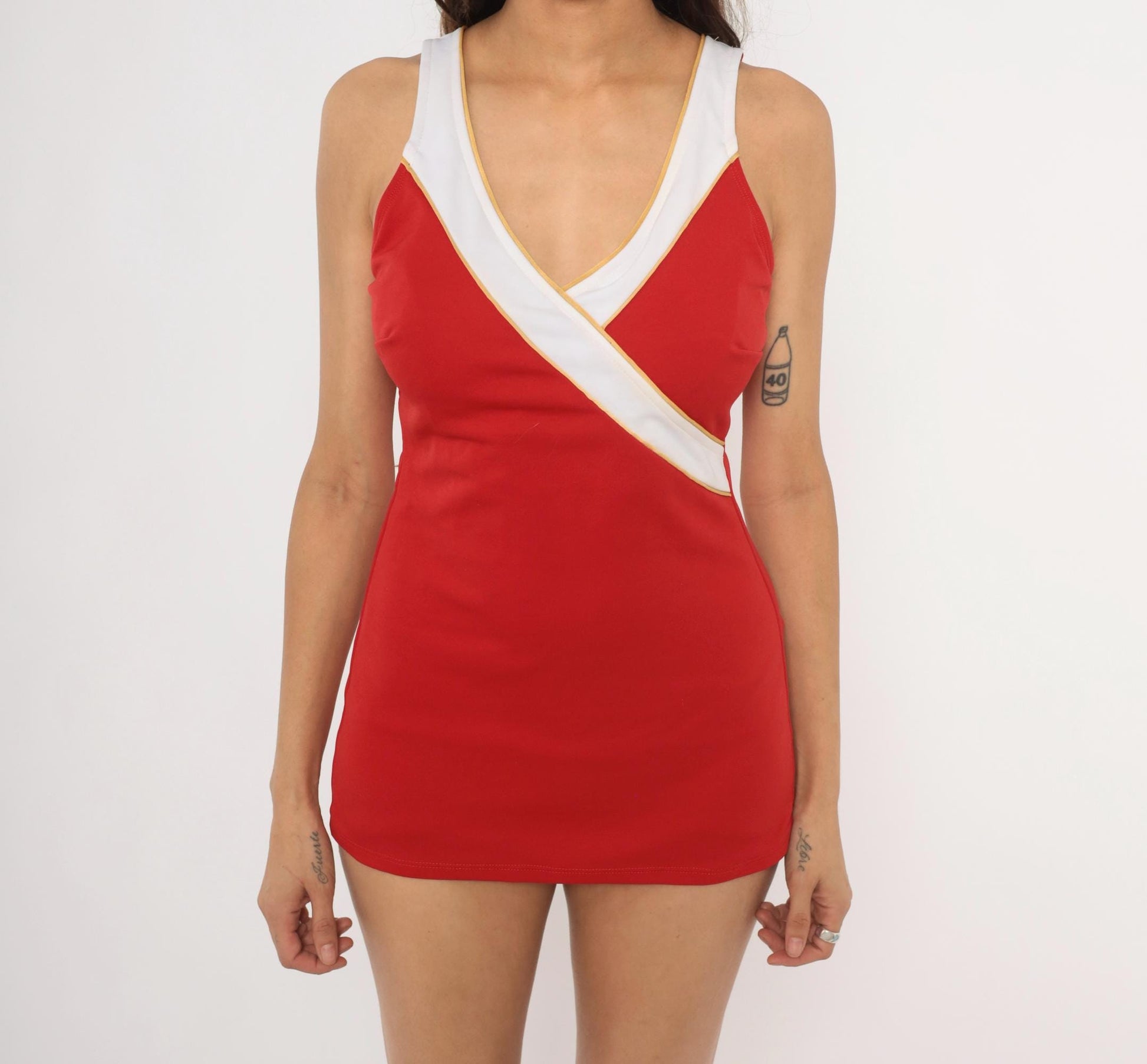 90s Ceeb Sportswear Red One-Piece Swimsuit Surplice Wrap Gold Trim Large L