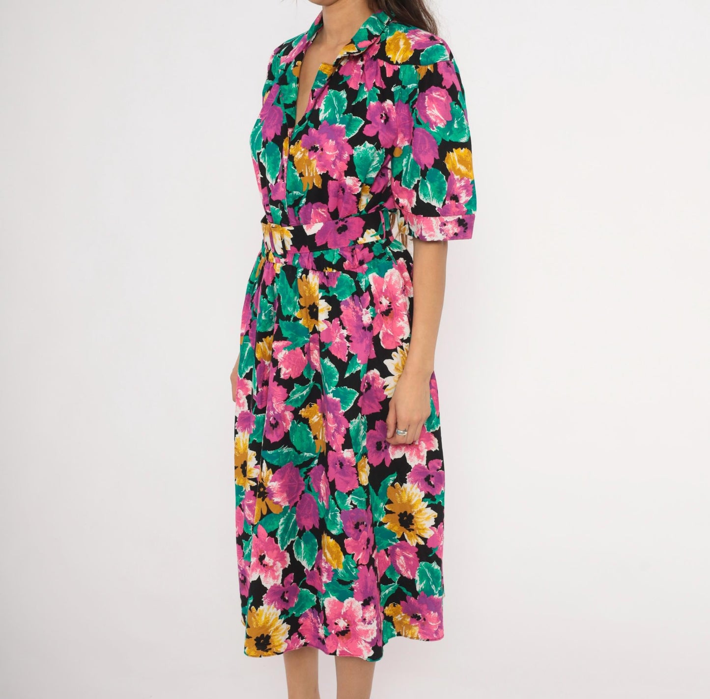 90s Ultra Dress Floral Midi Shirtdress Belted Notch Collar Multicolor Extra Large XL