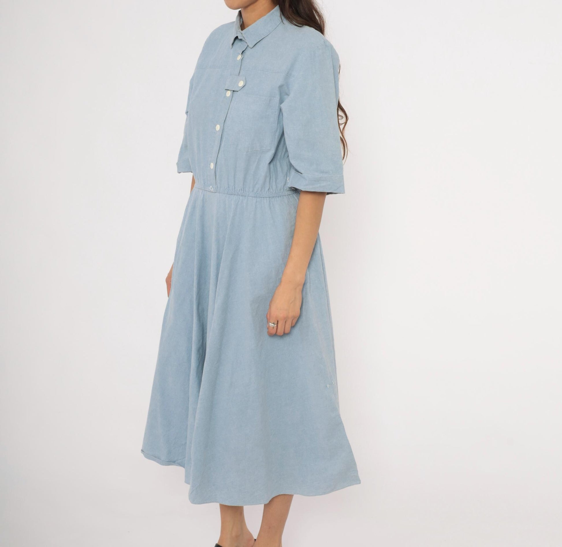 80s Powder Blue Chambray Shirt Dress Cotton Midi Flared Skirt Large L