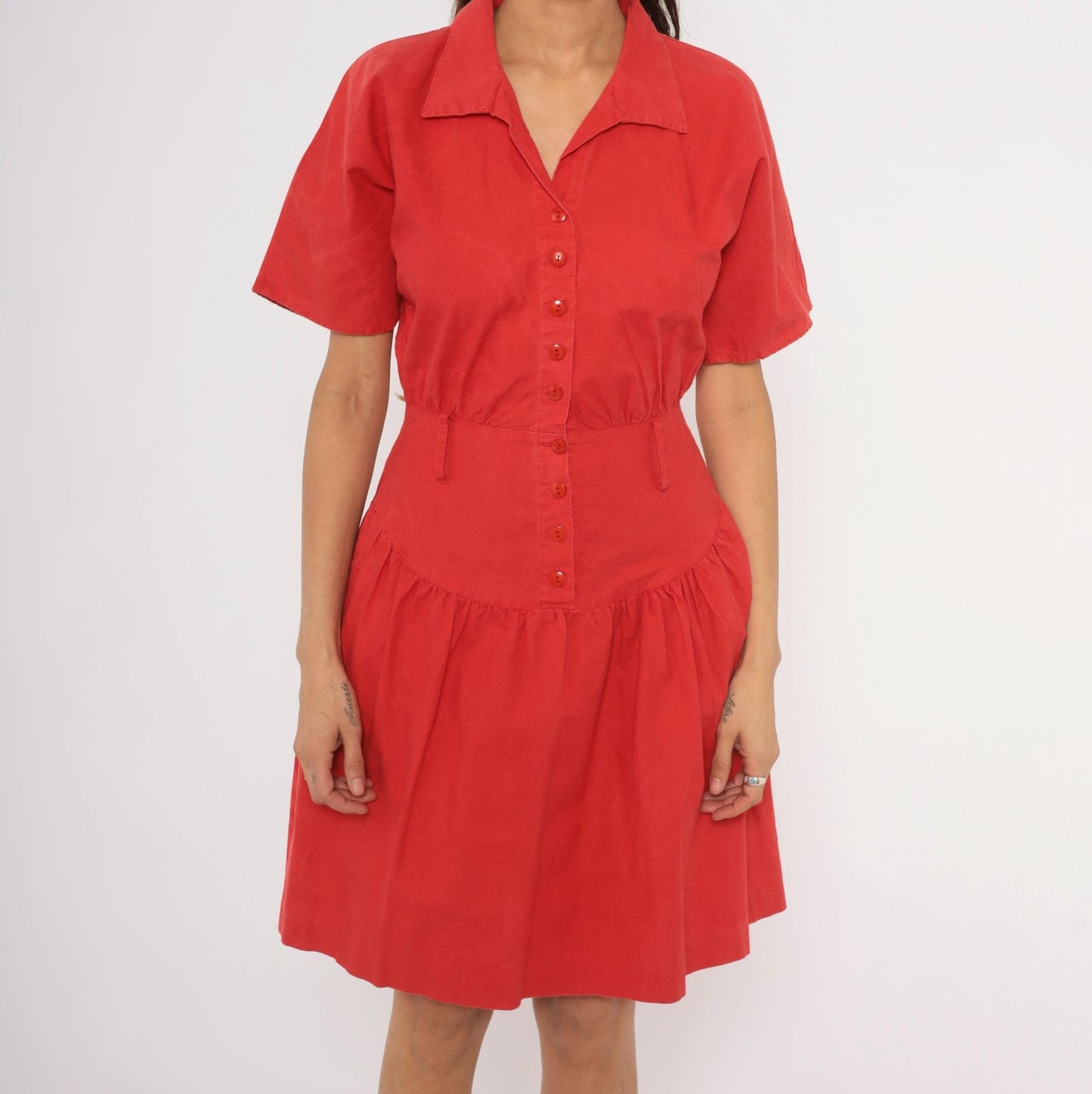 90s Wild Dress Red Cotton Shirtdress Drop Waist Gathered Skirt Medium M
